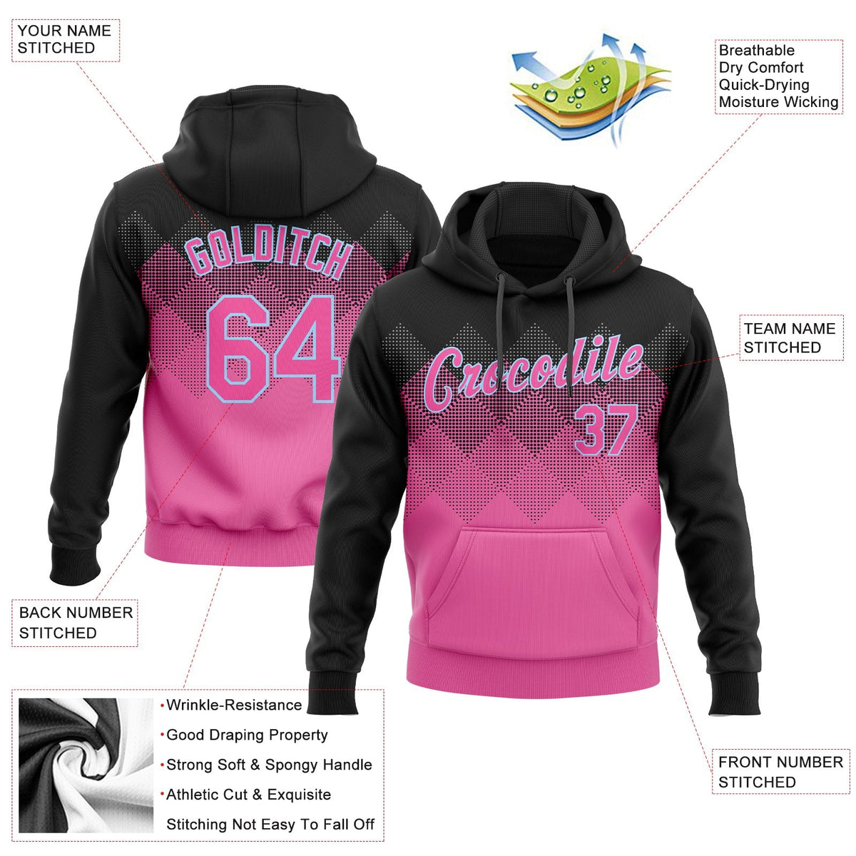 Custom Stitched Pink Pink Black-Light Blue 3D Pattern Design Sports Pullover Sweatshirt Hoodie photo 2