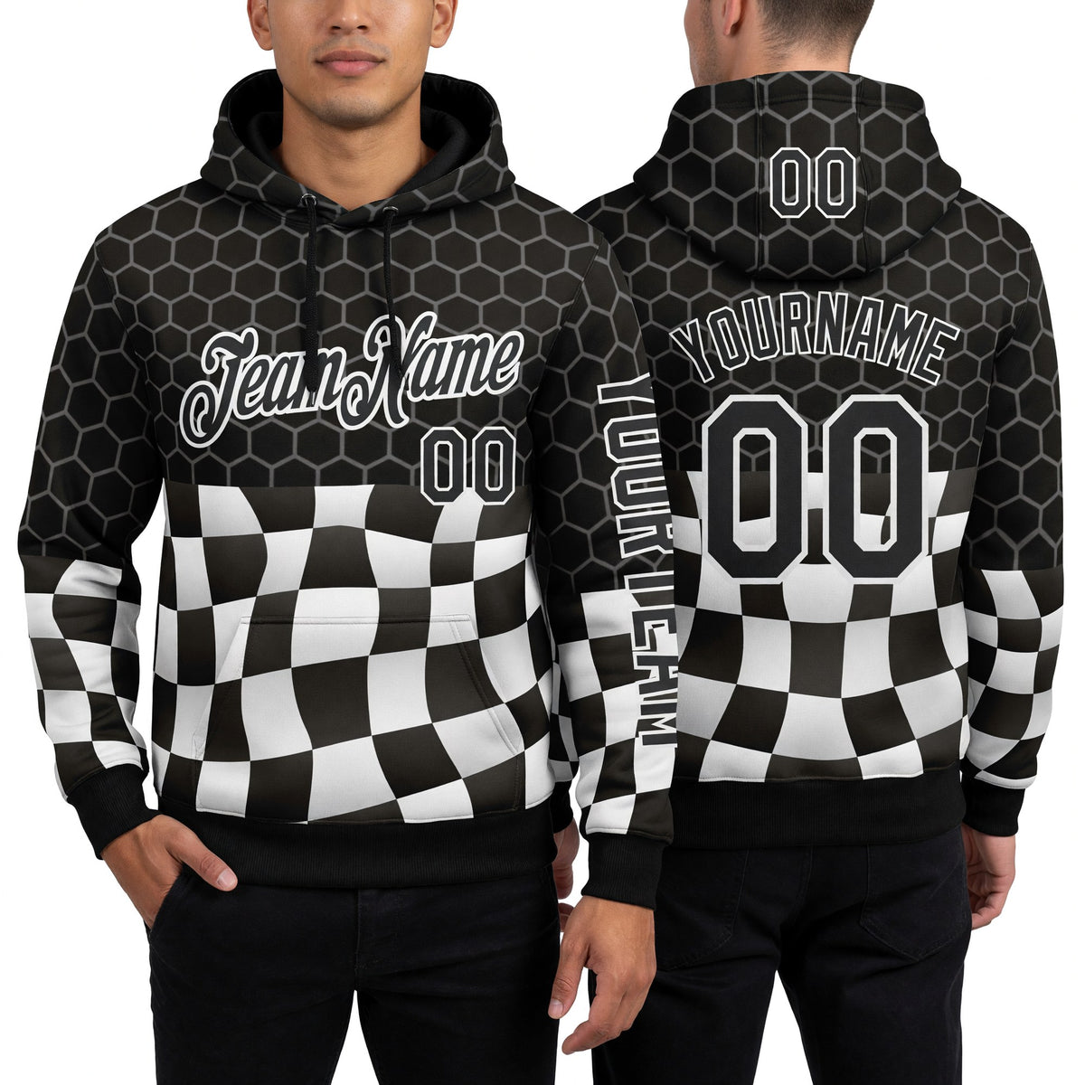 Custom Black White 3D Pattern Design Formula Auto Car Racing Motorsport Sports Pullover Sweatshirt Hoodie worn front and back