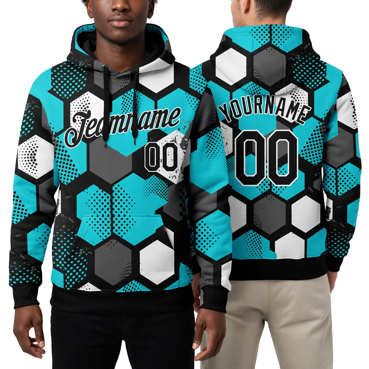 Custom Stitched Aqua Black-White 3D Pattern Design Sports Pullover Sweatshirt Hoodie worn front and back