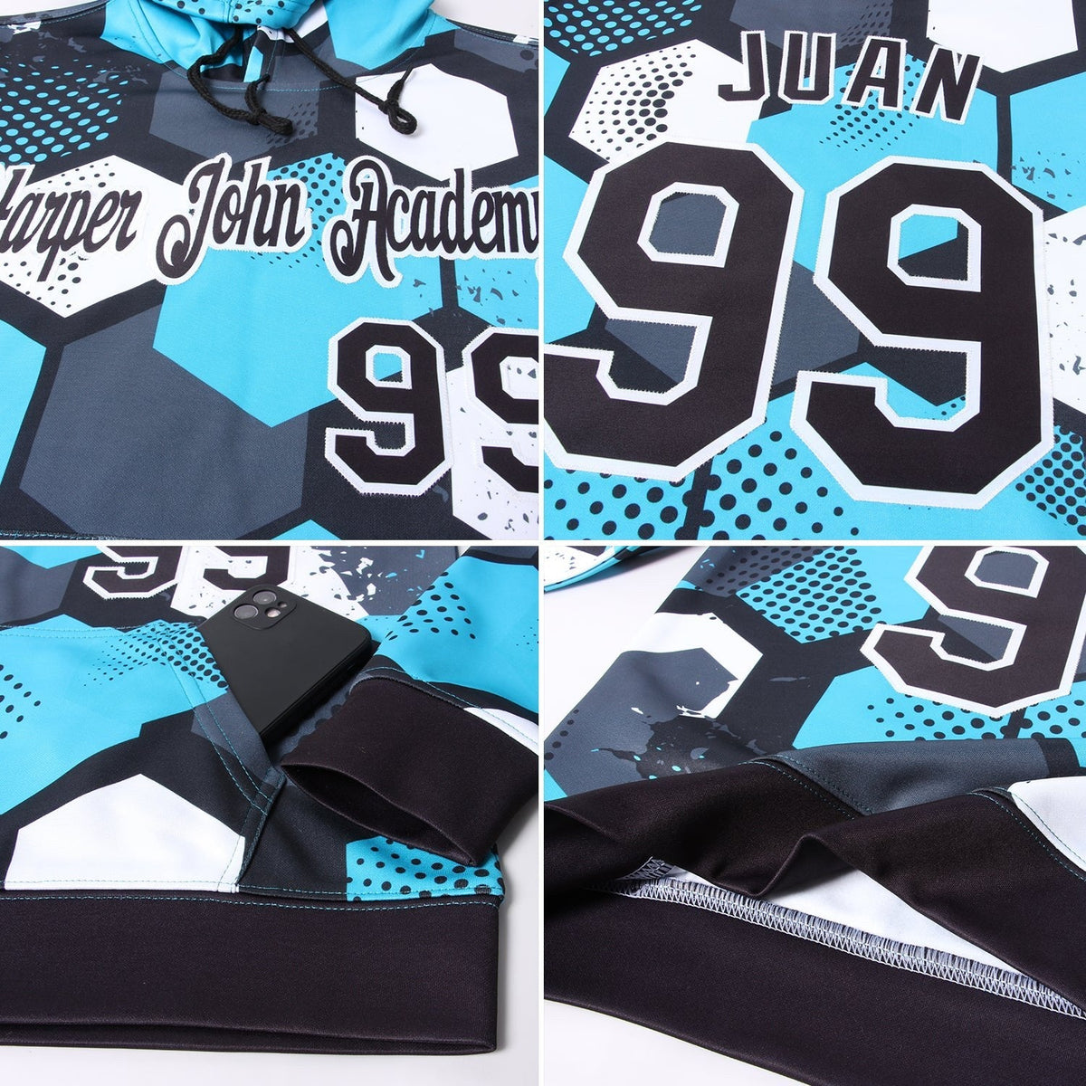 Custom Stitched Aqua Black-White 3D Pattern Design Sports Pullover Sweatshirt Hoodie photo 4