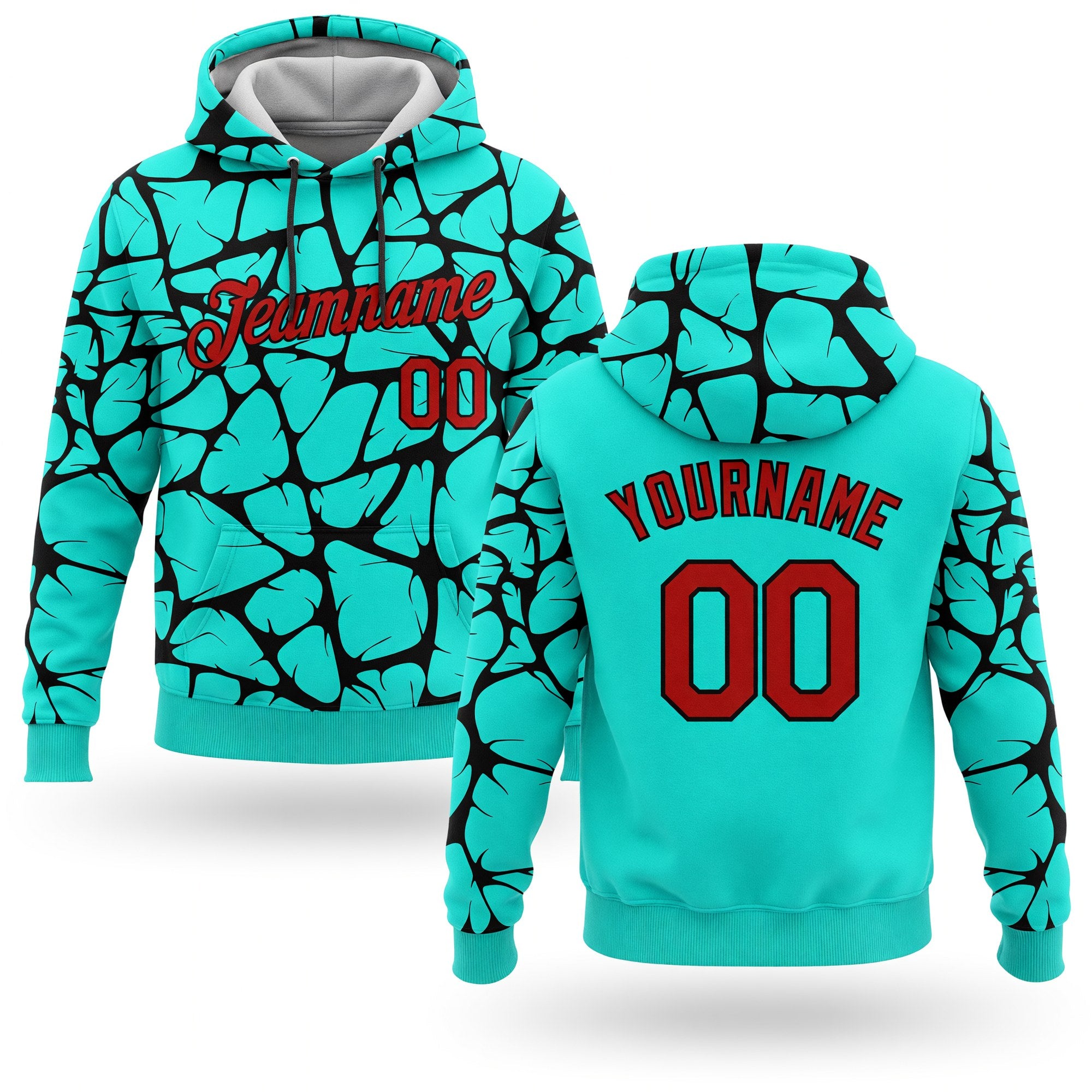 Custom Stitched Aqua Red-Black 3D Pattern Design Sports Pullover Sweatshirt Hoodie