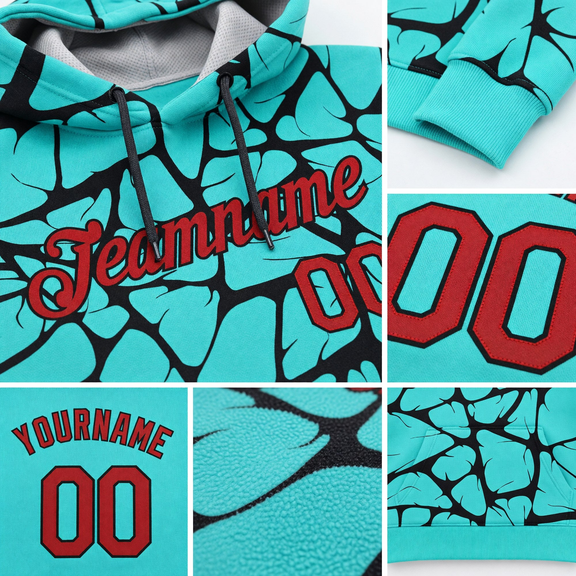 Custom Stitched Aqua Red-Black 3D Pattern Design Sports Pullover Sweatshirt Hoodie detail