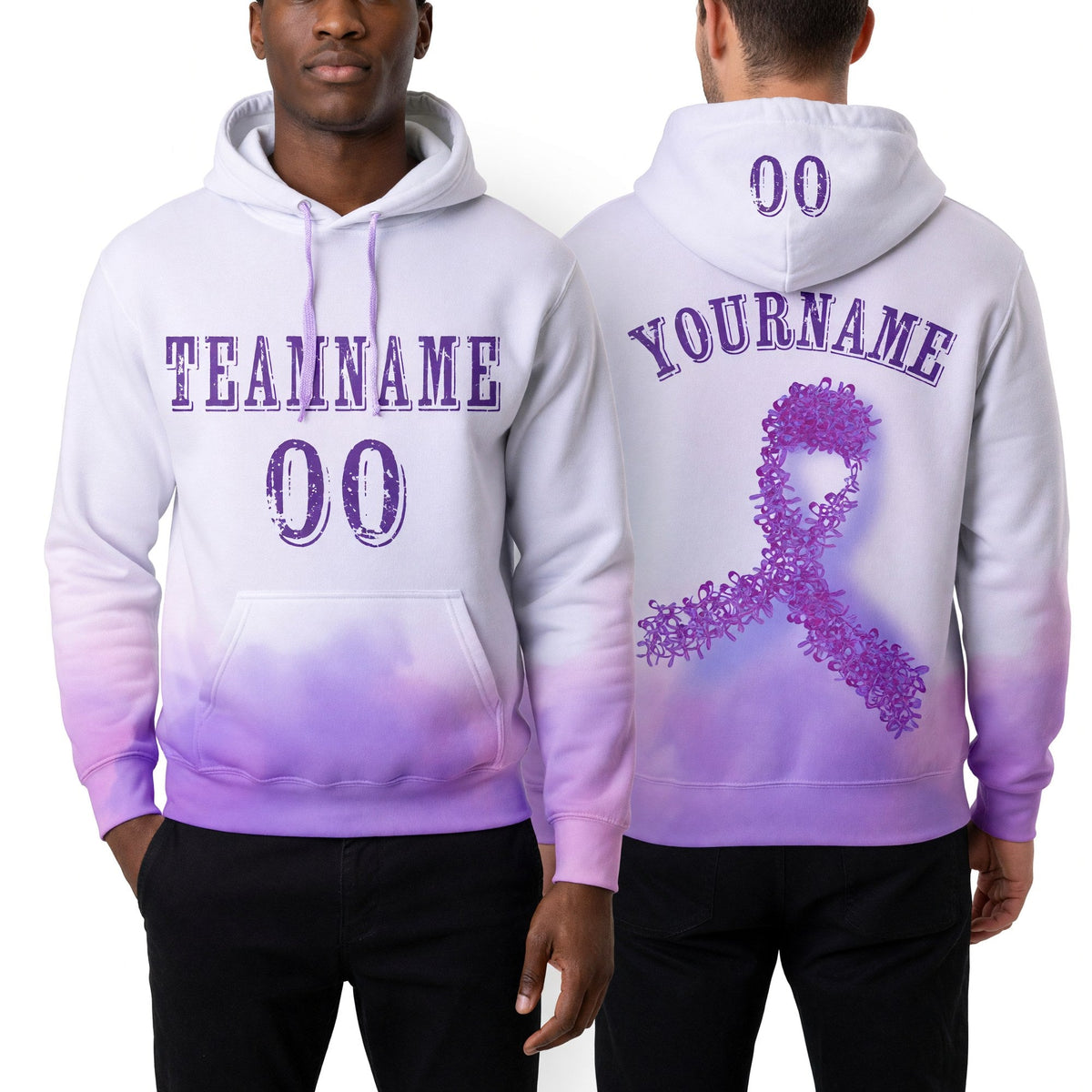 Custom Purple White 3D Pancreatic Cancer World Cancer Day Ribbon Support Sports Pullover Sweatshirt Hoodie worn front and back