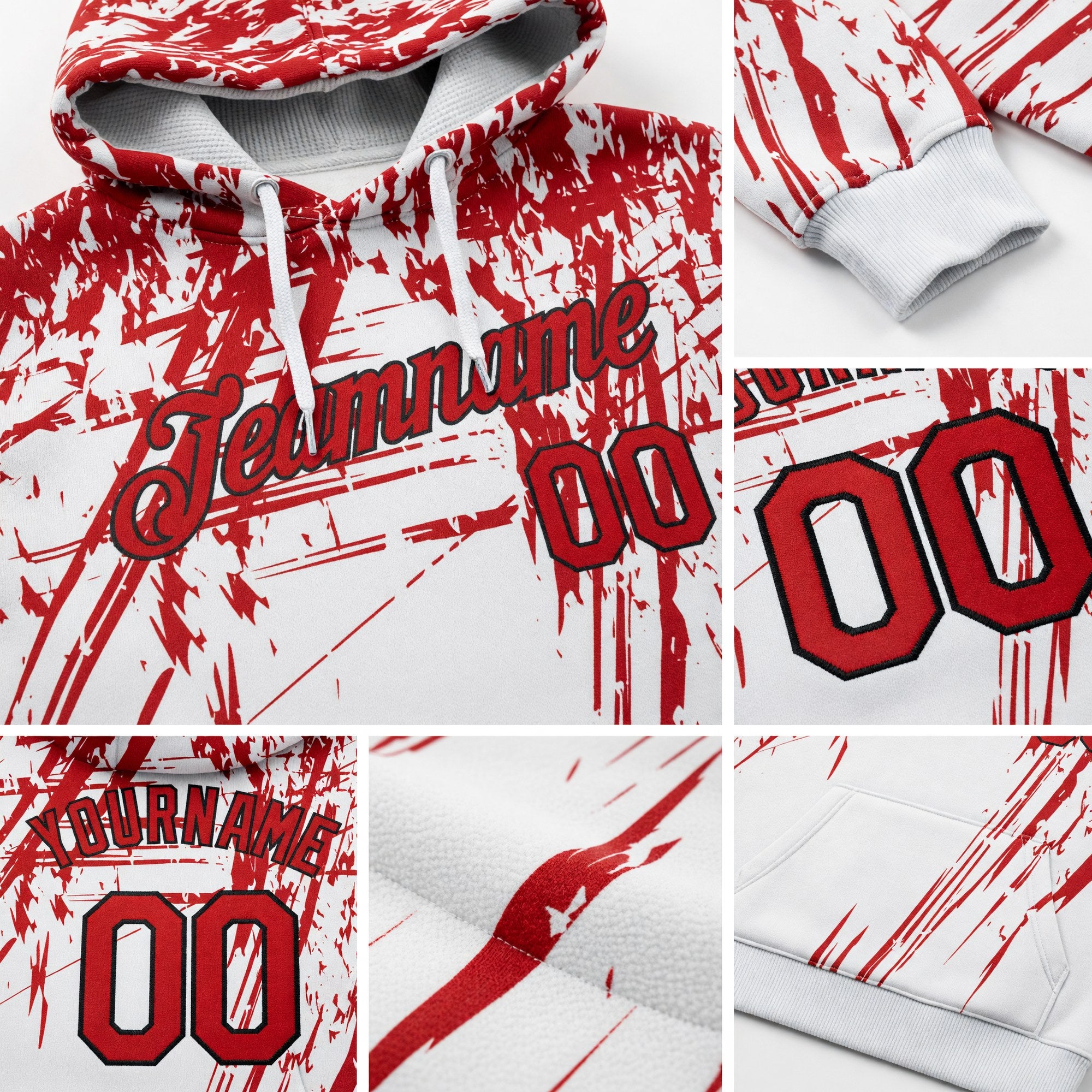 Custom Stitched White Red-Black 3D Pattern Design Sports Pullover Sweatshirt Hoodie detail