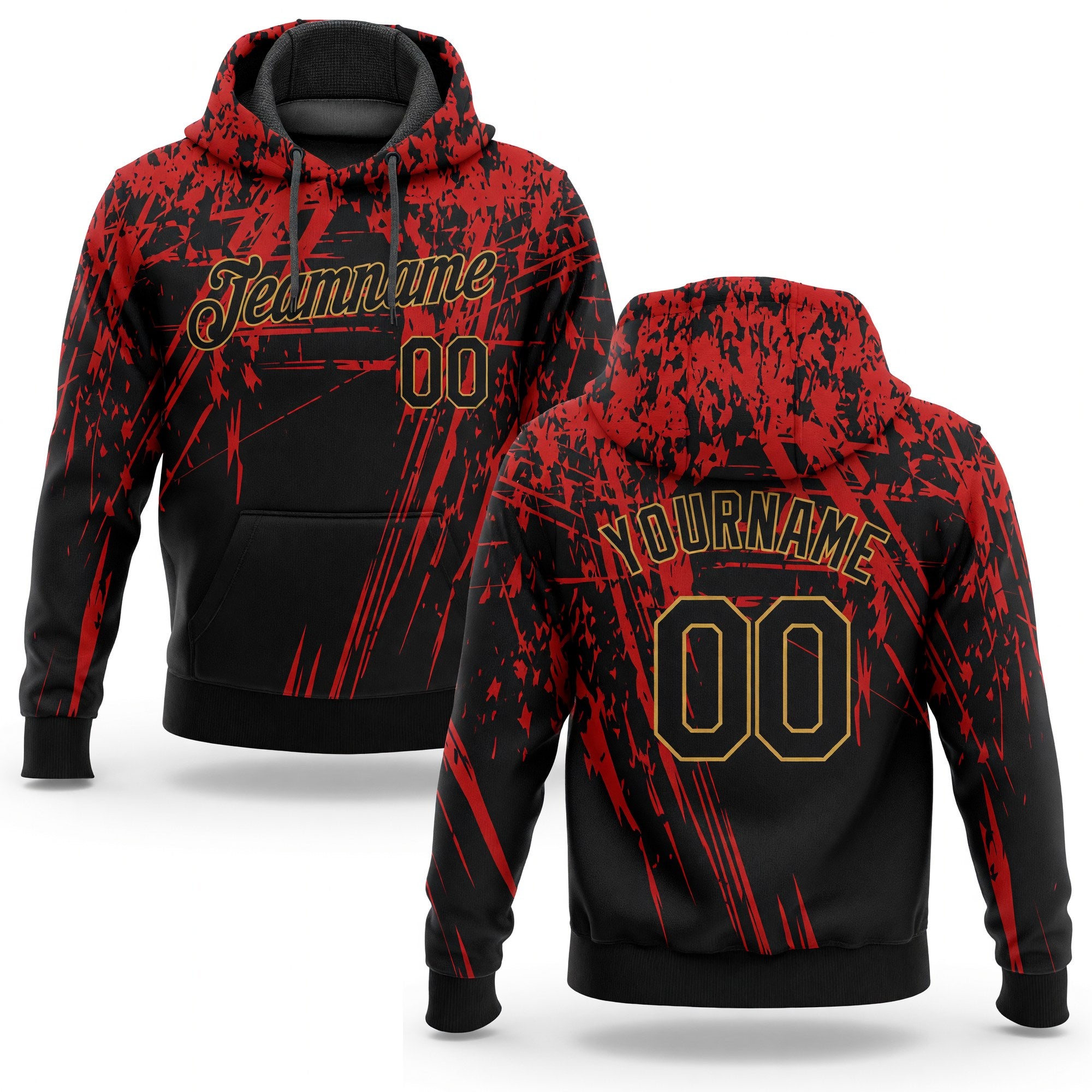 Custom Stitched Red Black-Old Gold 3D Pattern Design Sports Pullover Sweatshirt Hoodie