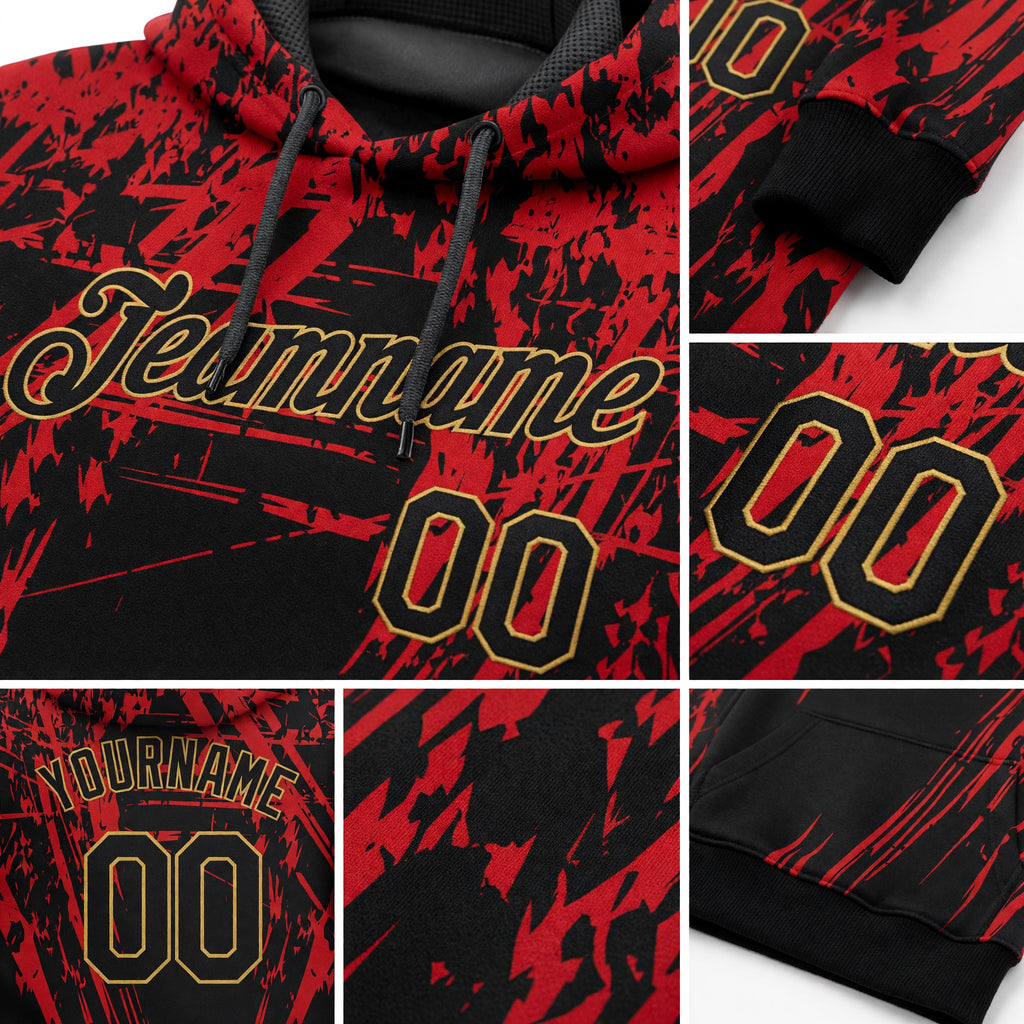 Custom Stitched Red Black-Old Gold 3D Pattern Design Sports Pullover Sweatshirt Hoodie detail