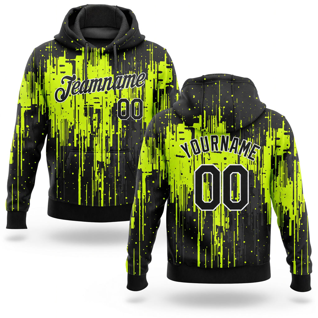 Custom Stitched Neon Green Black-White 3D Pattern Design Dripping Splatter Art Sports Pullover Sweatshirt Hoodie