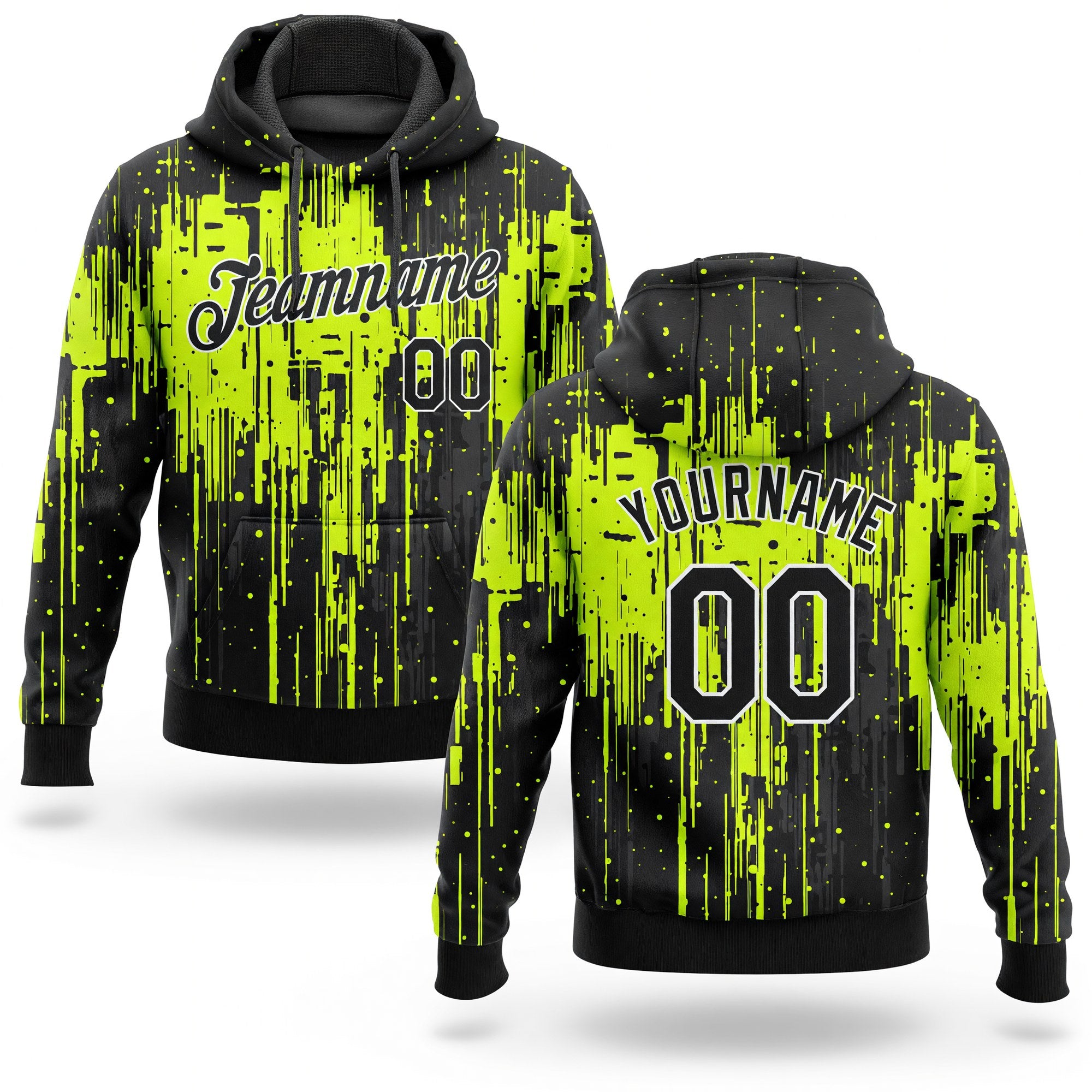 Custom Stitched Neon Green Black-White 3D Pattern Design Dripping Splatter Art Sports Pullover Sweatshirt Hoodie