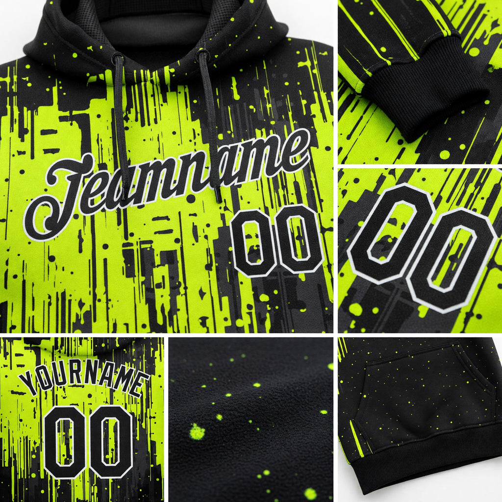Custom Stitched Neon Green Black-White 3D Pattern Design Dripping Splatter Art Sports Pullover Sweatshirt Hoodie detail