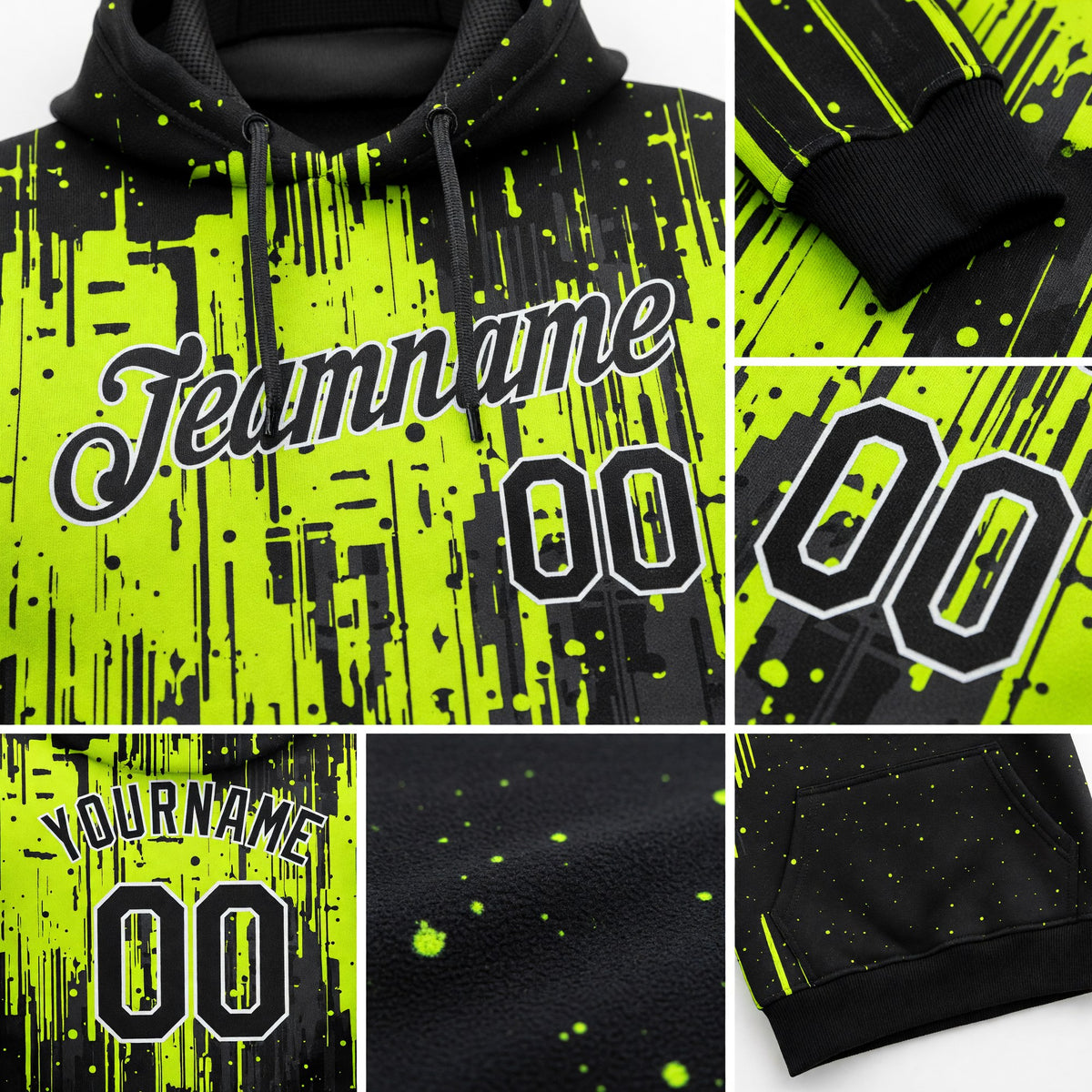Custom Stitched Neon Green Black-White 3D Pattern Design Dripping Splatter Art Sports Pullover Sweatshirt Hoodie detail