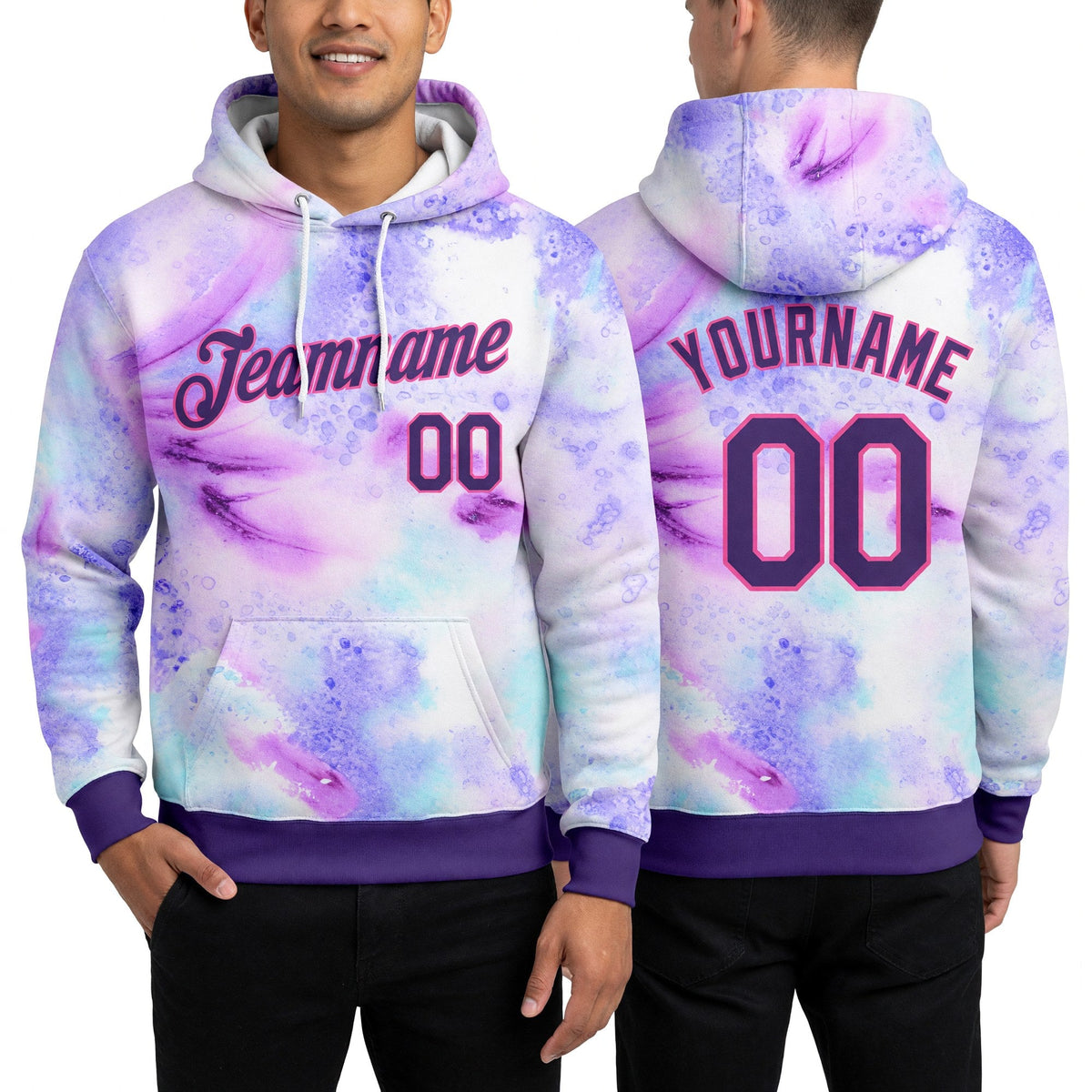 Custom Stitched Tie Dye Purple-Pink 3D Pattern Design Sports Pullover Sweatshirt Hoodie worn front and back