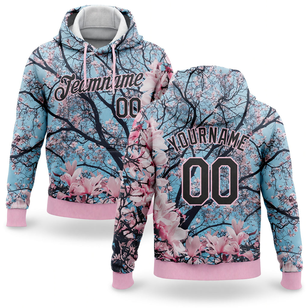 Custom Stitched Light Pink Black 3D Pattern Design Cherry Blossom Sports Pullover Sweatshirt Hoodie