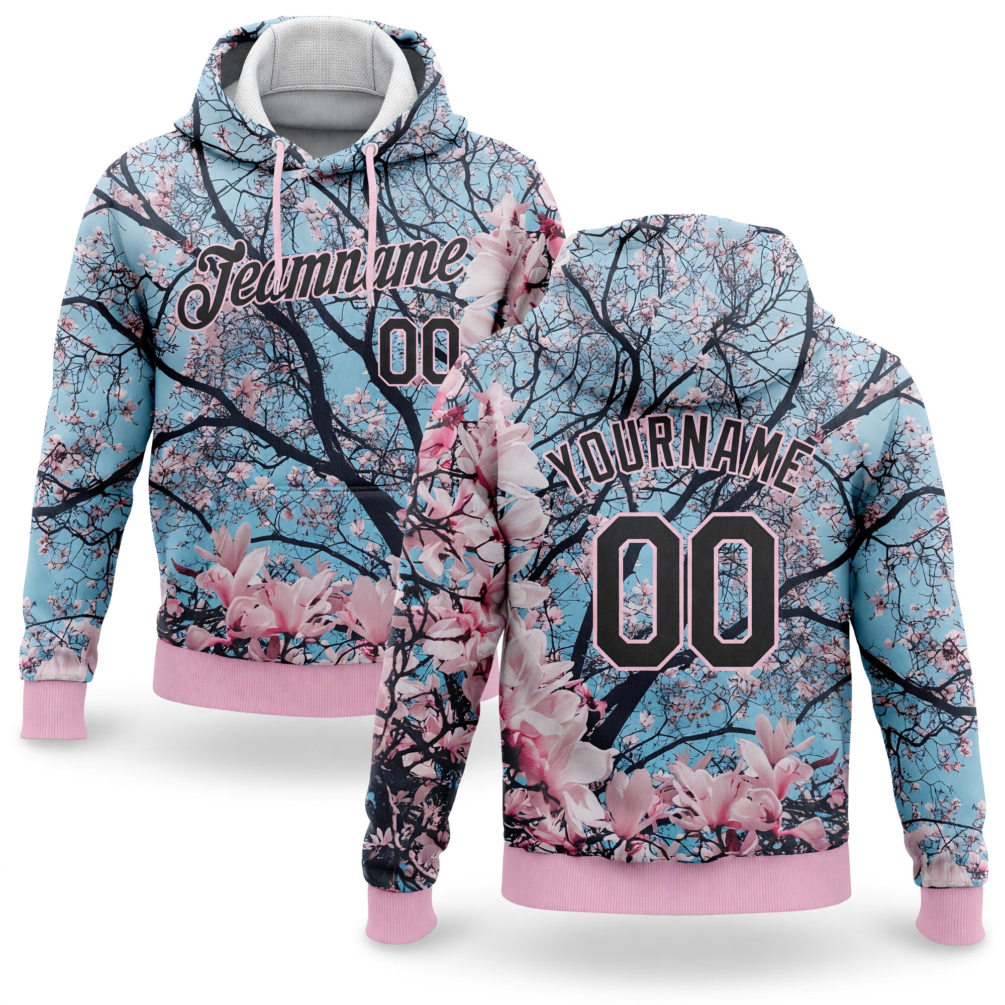 Custom Stitched Light Pink Black 3D Pattern Design Cherry Blossom Sports Pullover Sweatshirt Hoodie
