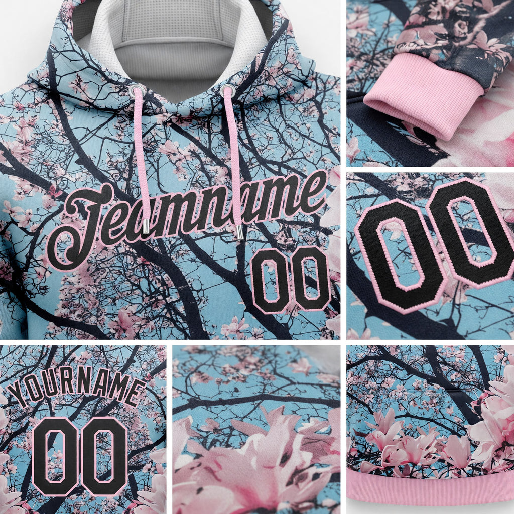 Custom Stitched Light Pink Black 3D Pattern Design Cherry Blossom Sports Pullover Sweatshirt Hoodie detail