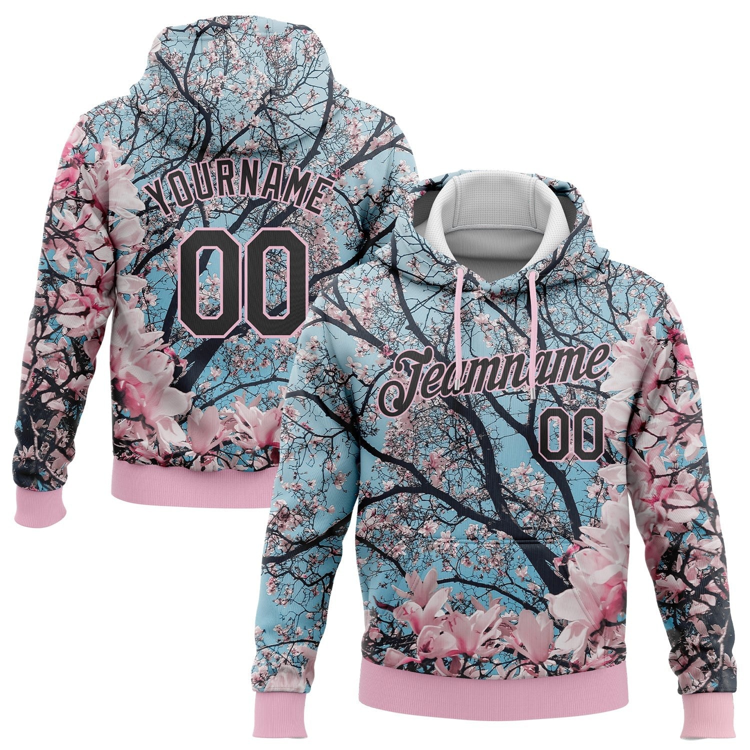 Custom Stitched Light Pink Black 3D Pattern Design Cherry Blossom Sports Pullover Sweatshirt Hoodie photo 1