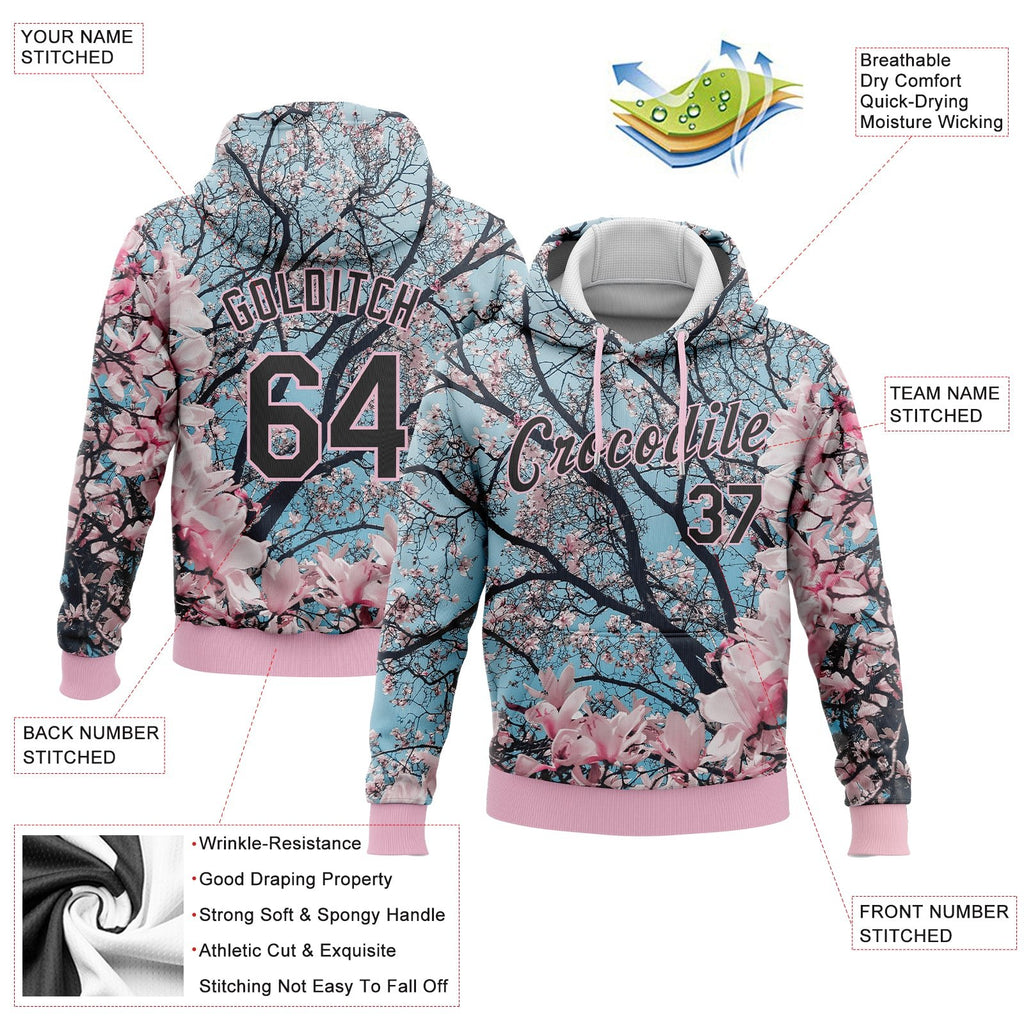 Custom Stitched Light Pink Black 3D Pattern Design Cherry Blossom Sports Pullover Sweatshirt Hoodie photo 2