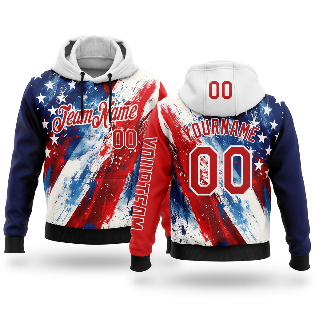 Custom Red Blue Black-White 3D American Flag Sports Pullover Sweatshirt Hoodie