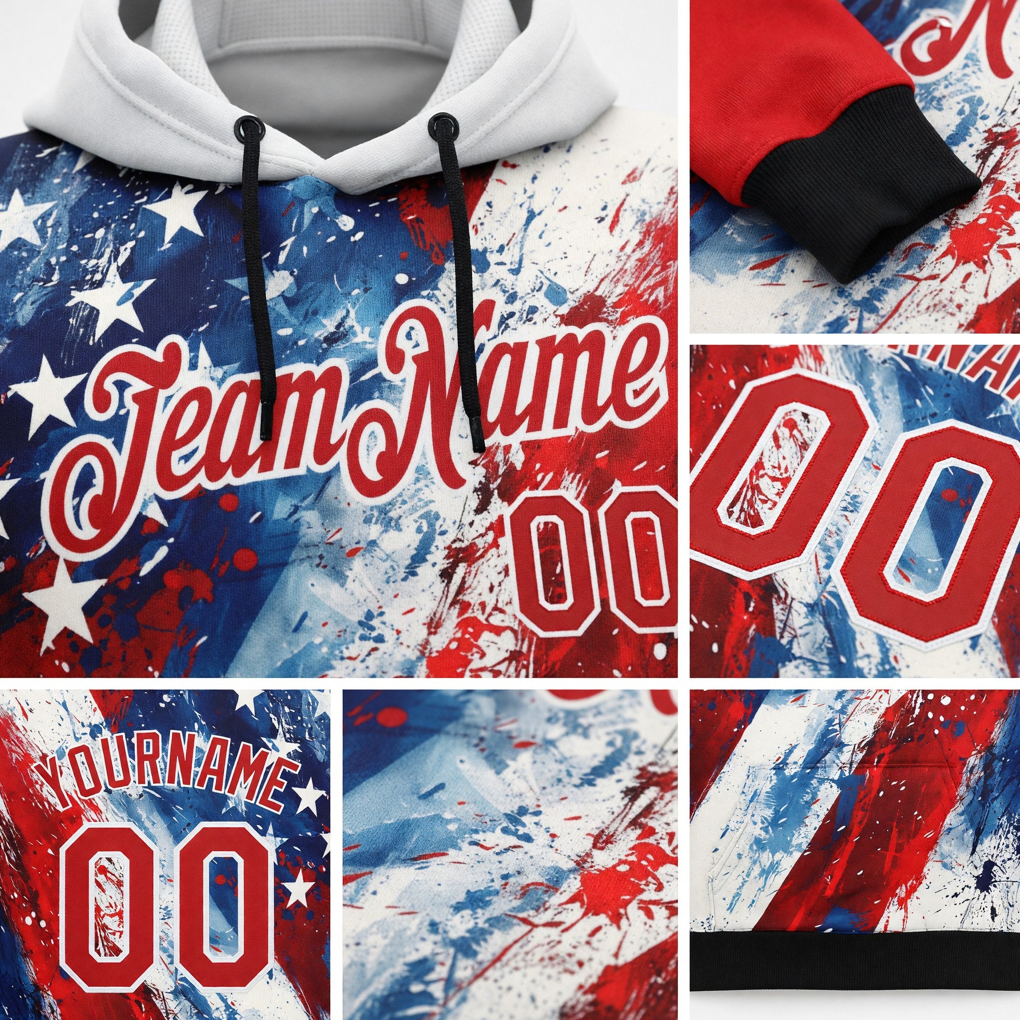 Custom Red Blue Black-White 3D American Flag Sports Pullover Sweatshirt Hoodie detail