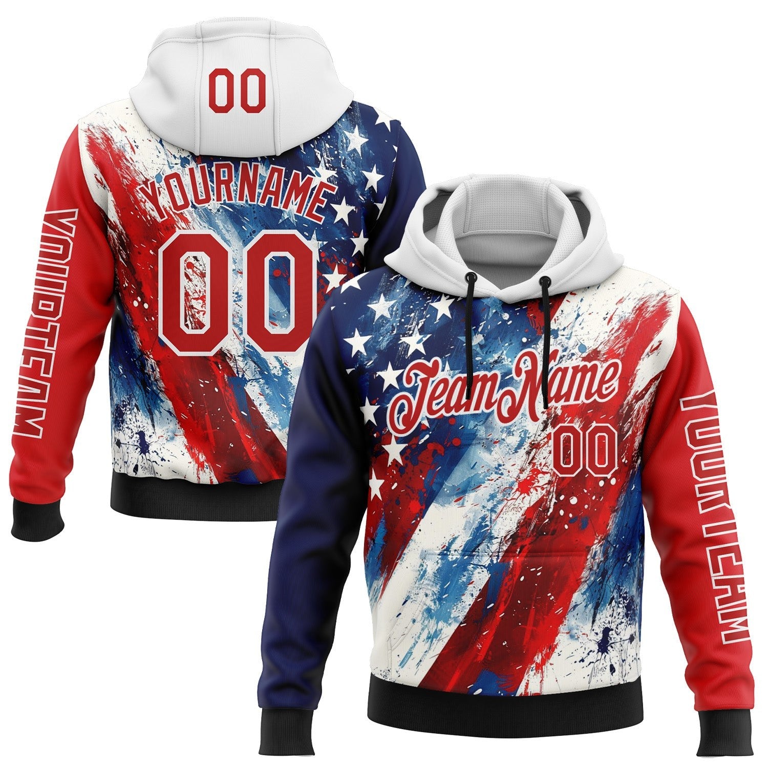 Custom Red Blue Black-White 3D American Flag Sports Pullover Sweatshirt Hoodie photo 1