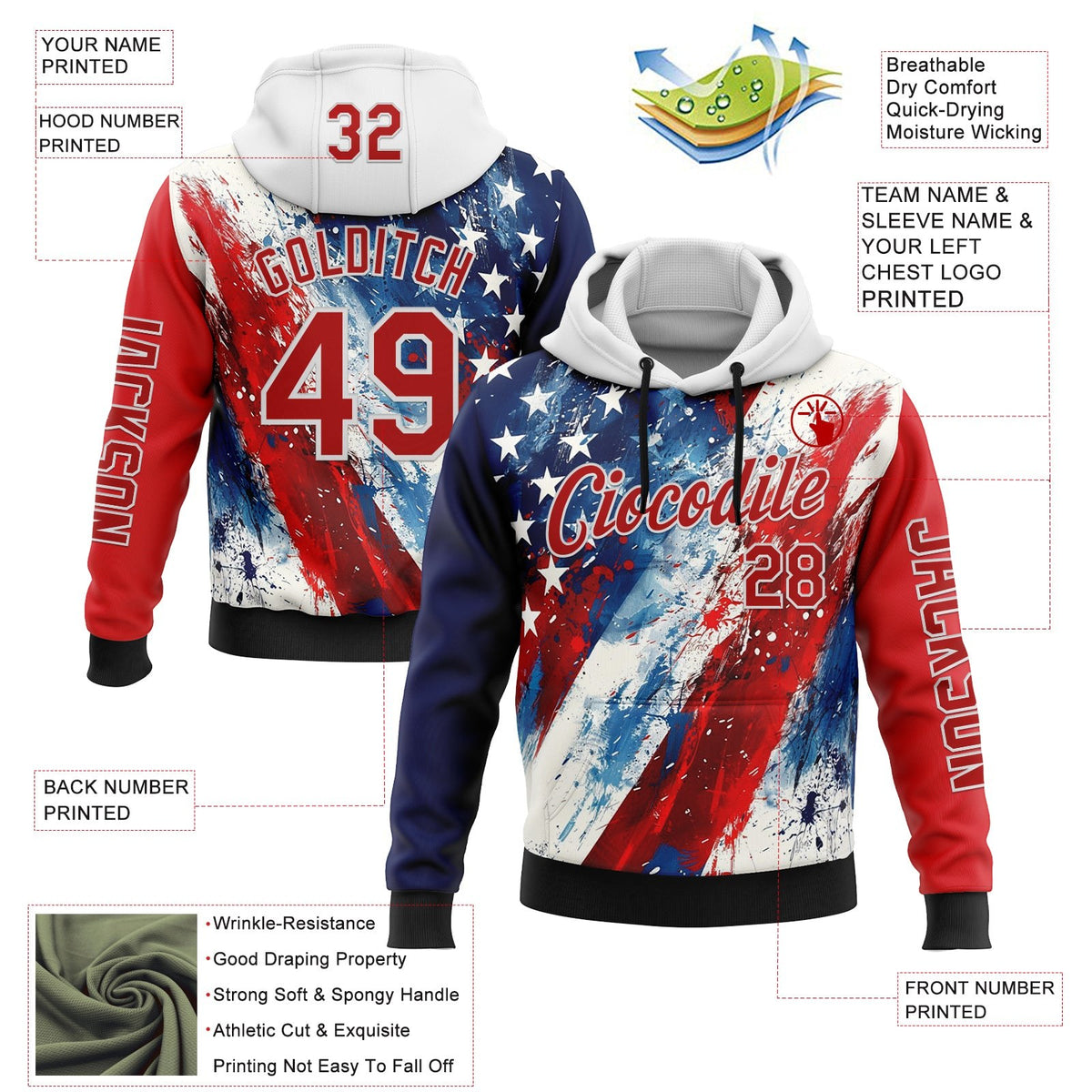 Custom Red Blue Black-White 3D American Flag Sports Pullover Sweatshirt Hoodie photo 2