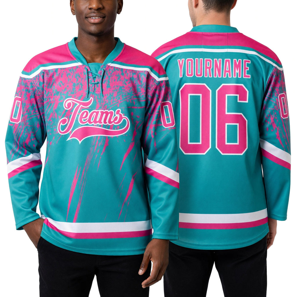Custom Aqua Pink-White 3D Splash Hockey Lace Neck Jersey worn front and back