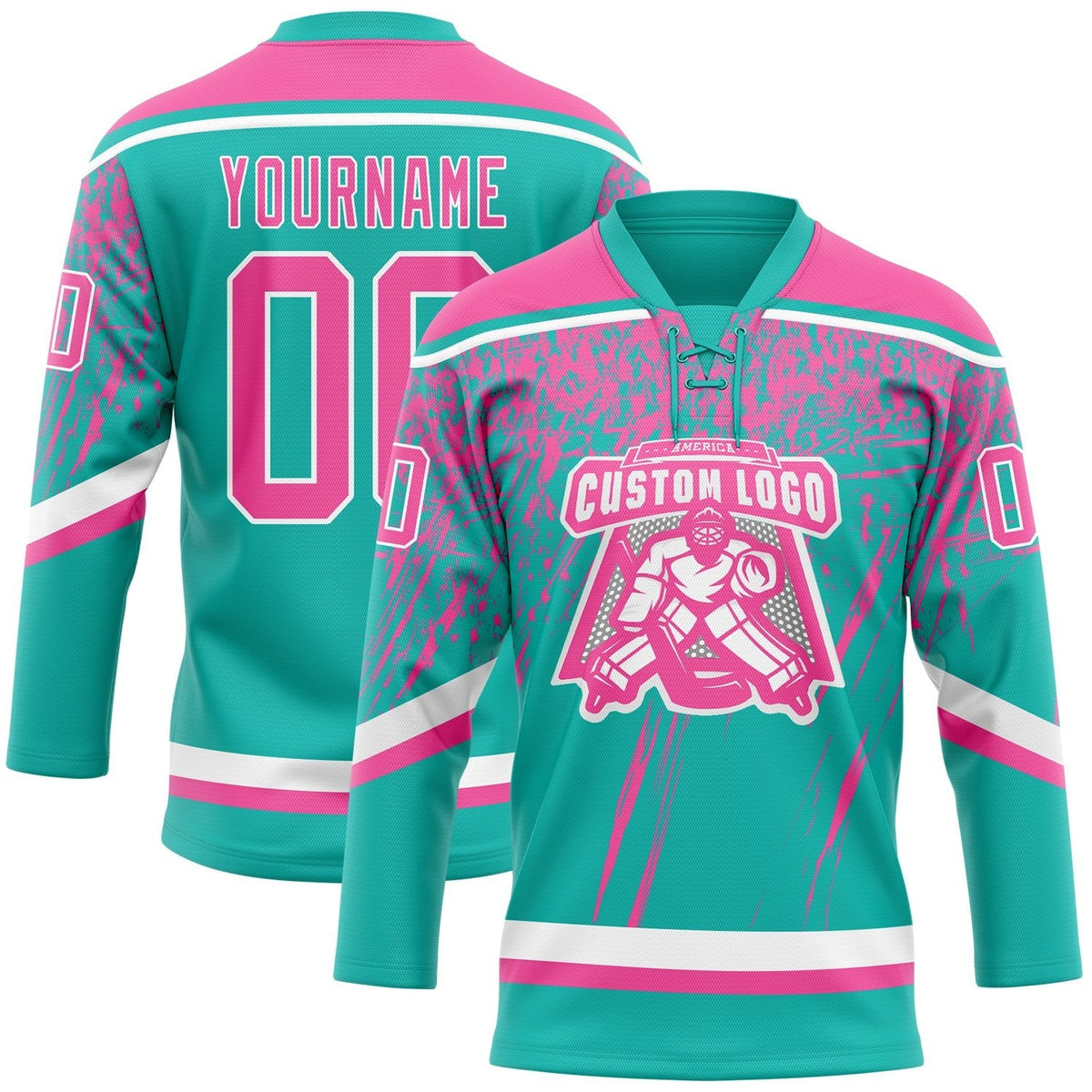 Custom Aqua Pink-White 3D Splash Hockey Lace Neck Jersey photo 2