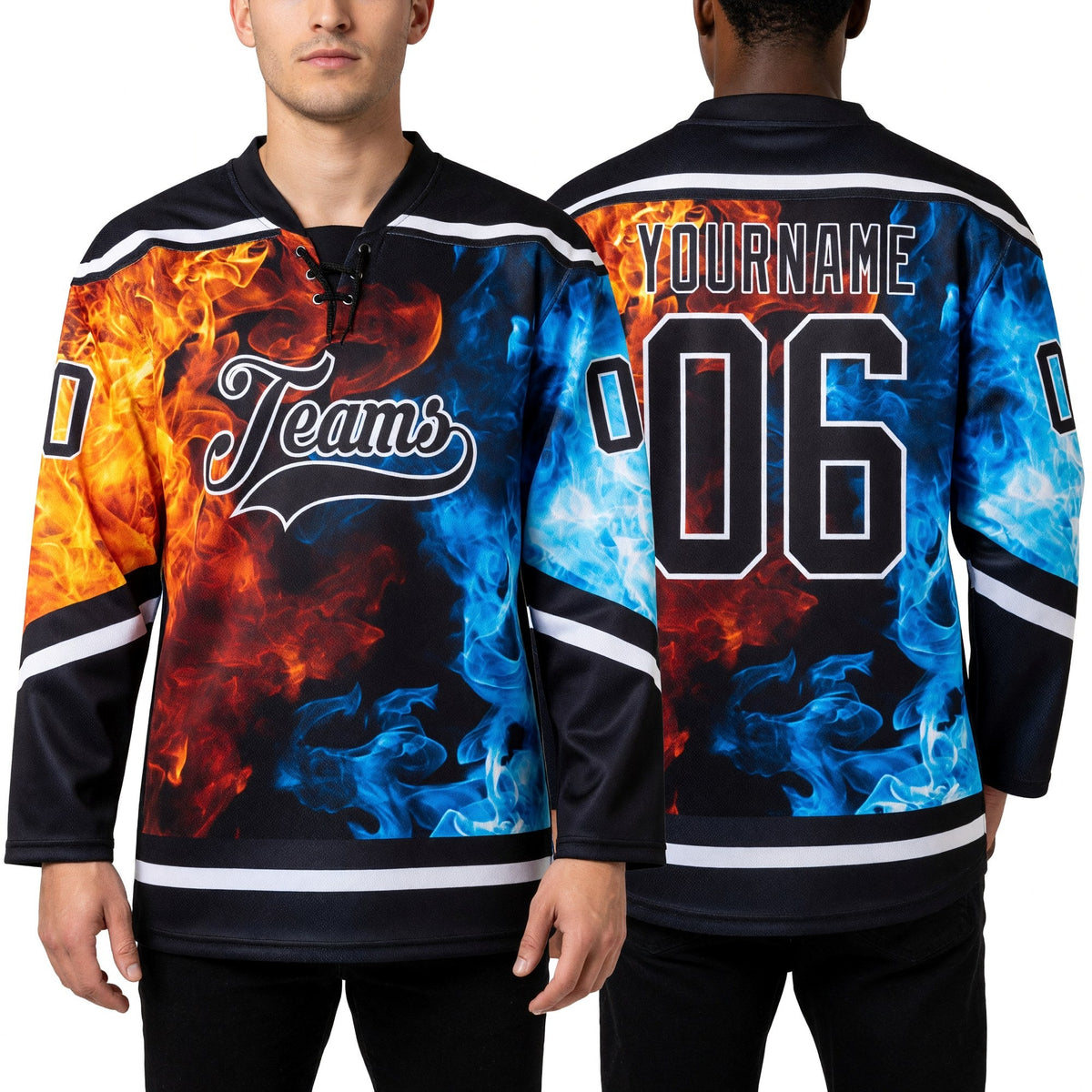 Custom Black White 3D Flame Hockey Lace Neck Jersey worn front and back
