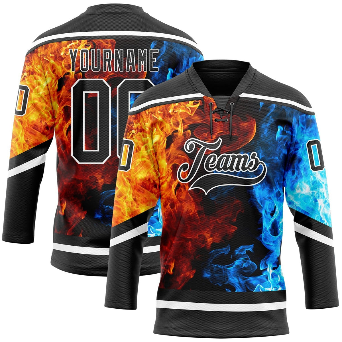 Custom Black White 3D Flame Hockey Lace Neck Jersey