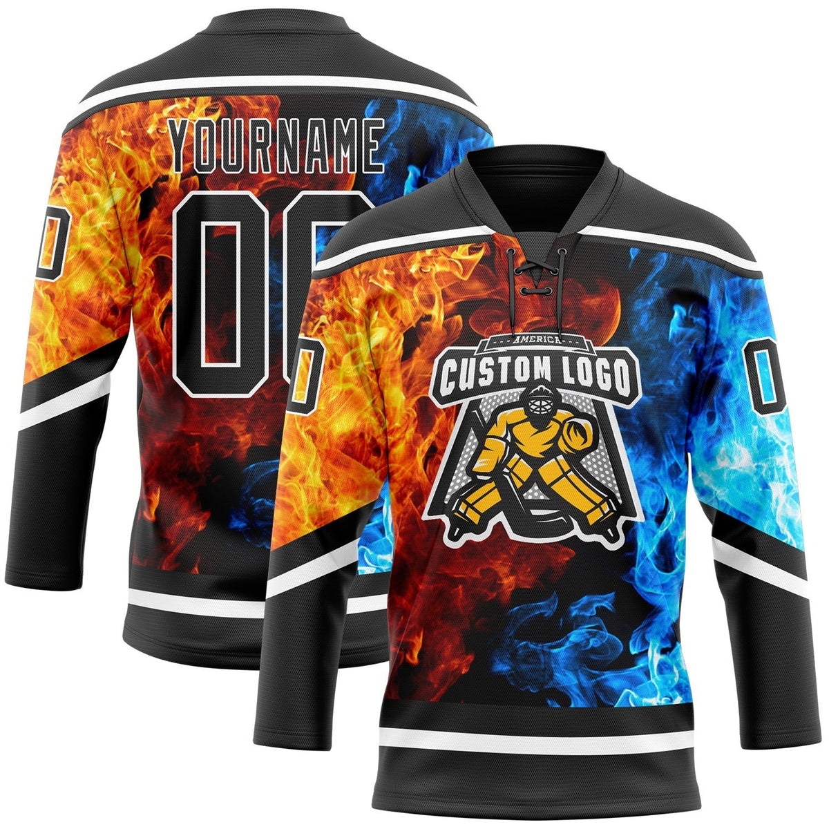 Custom Black White 3D Flame Hockey Lace Neck Jersey photo 2