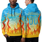 Custom Blue Sky Blue-Yellow 3D Abstract Flame Sports Pullover Sweatshirt Hoodie worn front and back