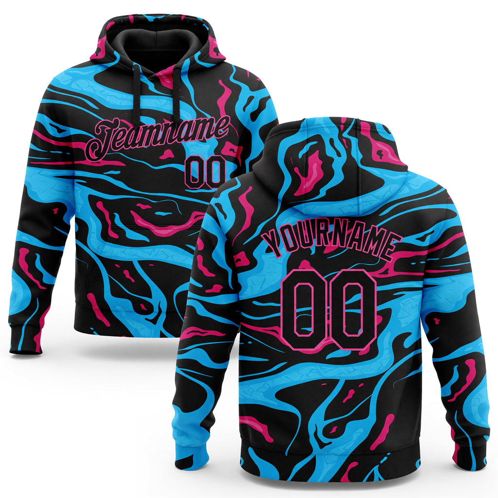 Custom Stitched Light Blue Black-Pink 3D Pattern Design Sports Pullover Sweatshirt Hoodie