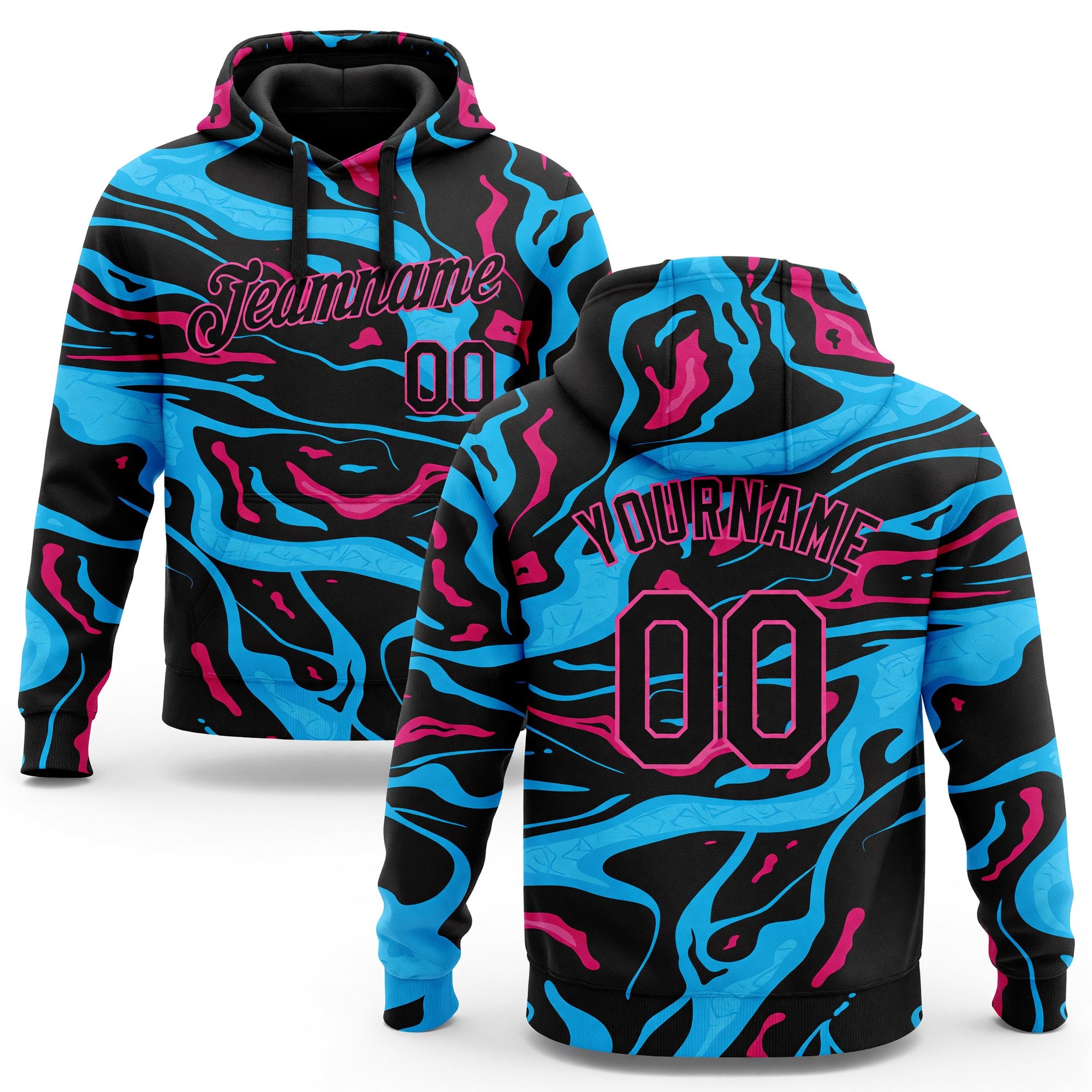 Custom Stitched Light Blue Black-Pink 3D Pattern Design Sports Pullover Sweatshirt Hoodie