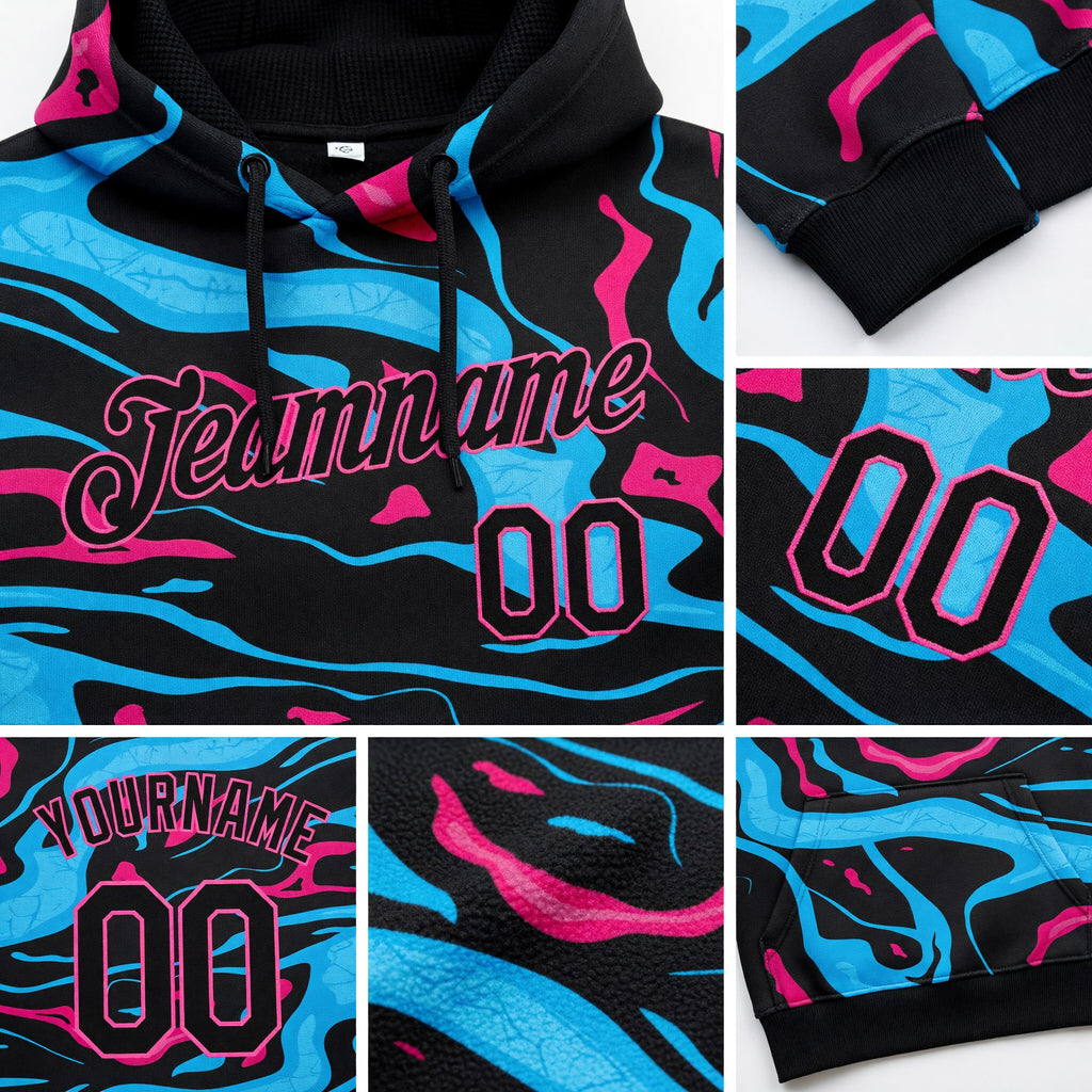 Custom Stitched Light Blue Black-Pink 3D Pattern Design Sports Pullover Sweatshirt Hoodie detail