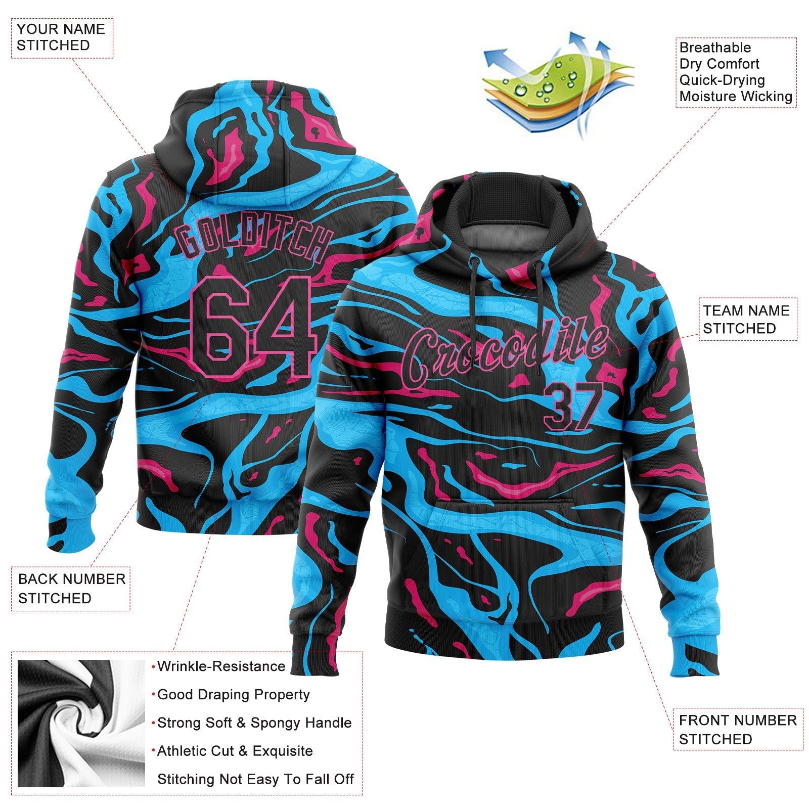 Custom Stitched Light Blue Black-Pink 3D Pattern Design Sports Pullover Sweatshirt Hoodie photo 2