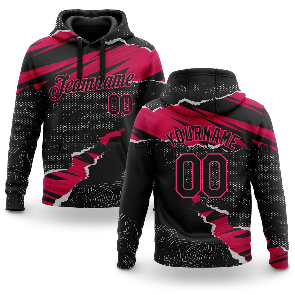 Custom Stitched Black Pink-White 3D Pattern Design Torn Paper Style Sports Pullover Sweatshirt Hoodie