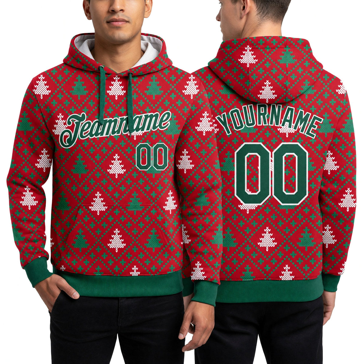 Custom Stitched Red Kelly Green-White 3D Christmas Trees Sports Pullover Sweatshirt Hoodie worn front and back