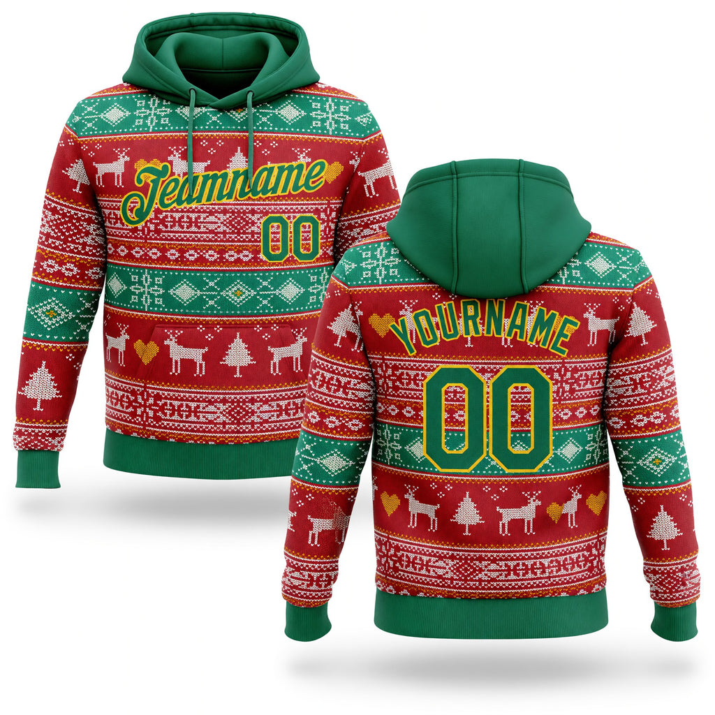 Custom Stitched Red Kelly Green-Gold 3D Christmas Reindeers Sports Pullover Sweatshirt Hoodie