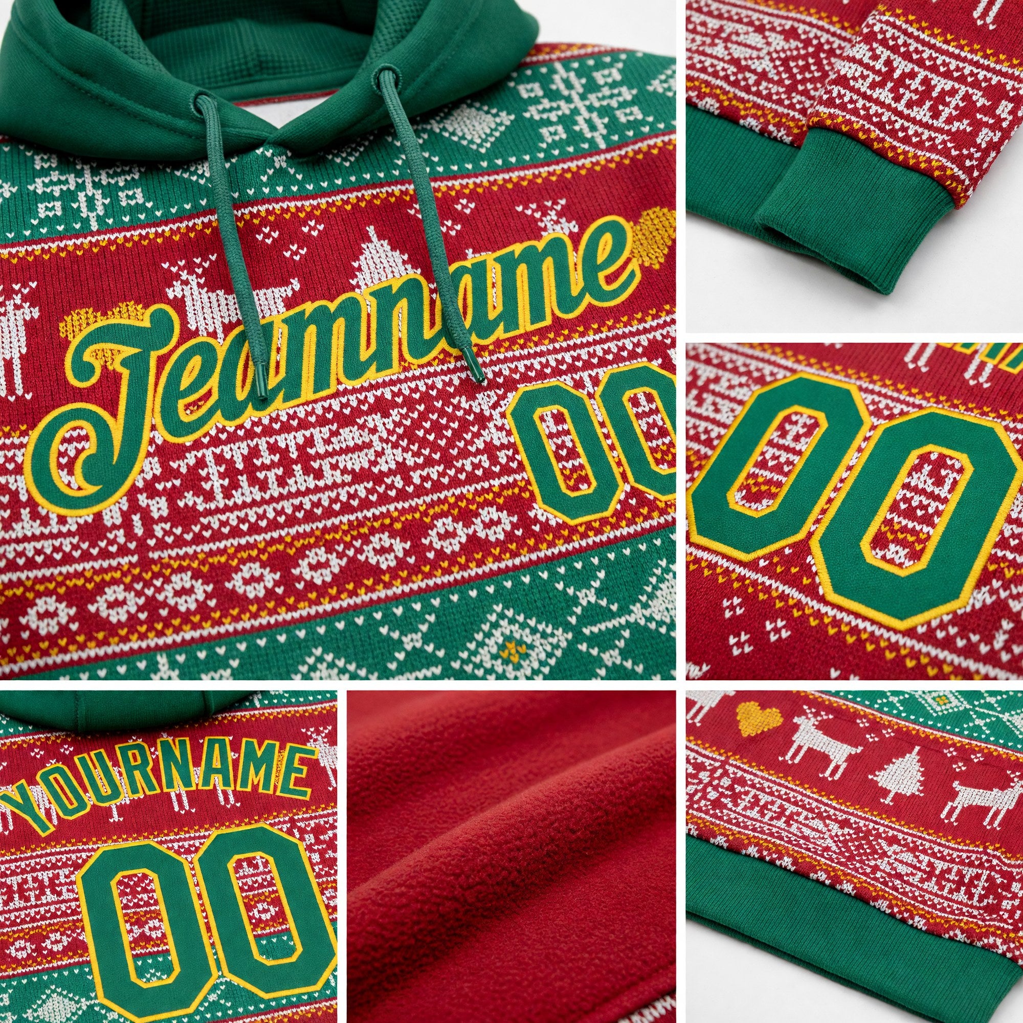 Custom Stitched Red Kelly Green-Gold 3D Christmas Reindeers Sports Pullover Sweatshirt Hoodie detail