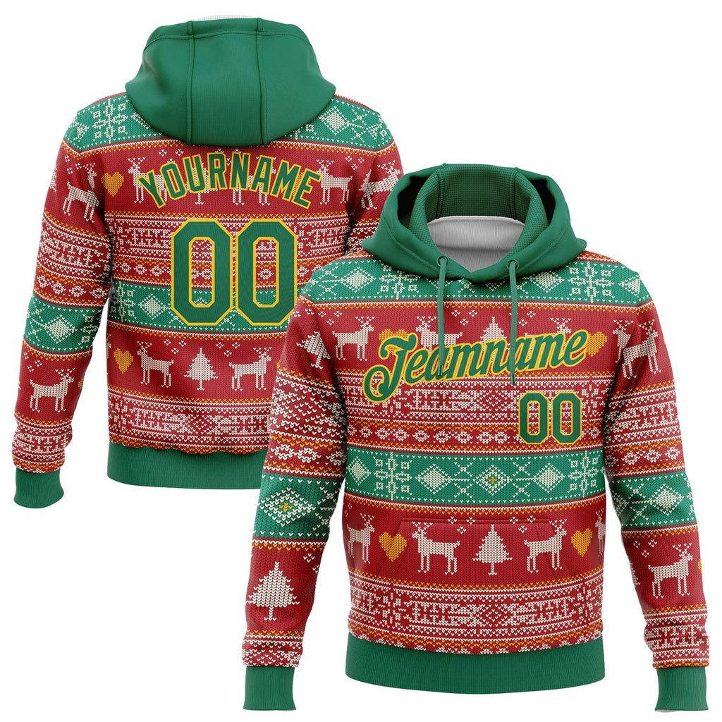 Custom Stitched Red Kelly Green-Gold 3D Christmas Reindeers Sports Pullover Sweatshirt Hoodie photo 1