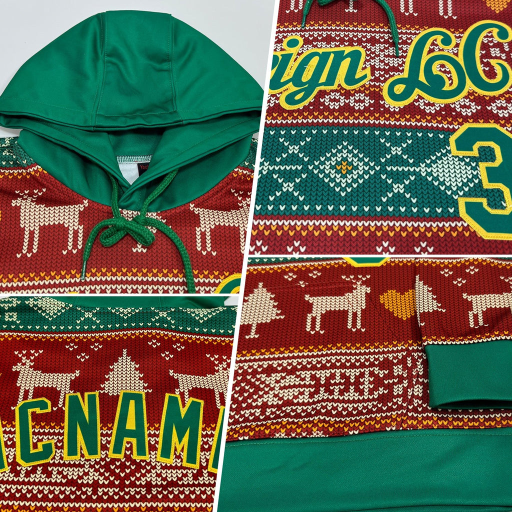 Custom Stitched Red Kelly Green-Gold 3D Christmas Reindeers Sports Pullover Sweatshirt Hoodie photo 2