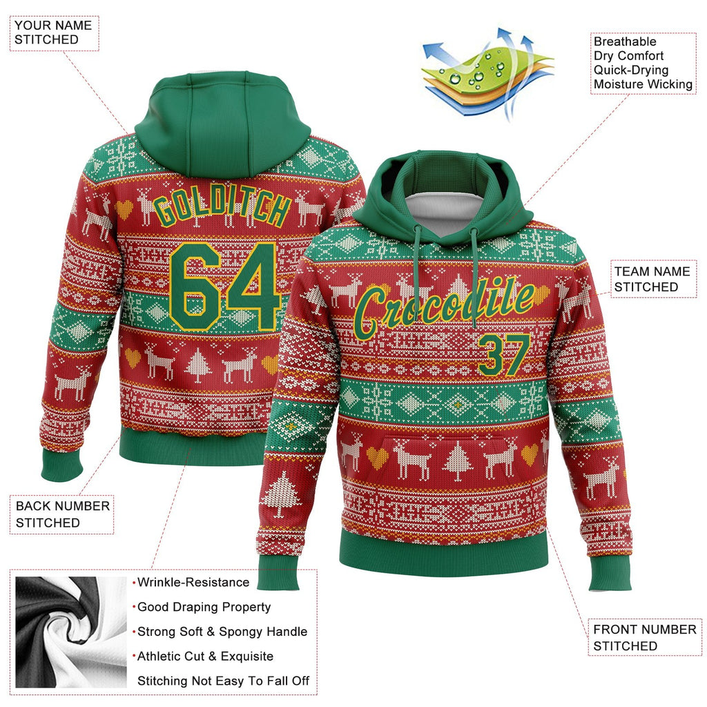 Custom Stitched Red Kelly Green-Gold 3D Christmas Reindeers Sports Pullover Sweatshirt Hoodie photo 3