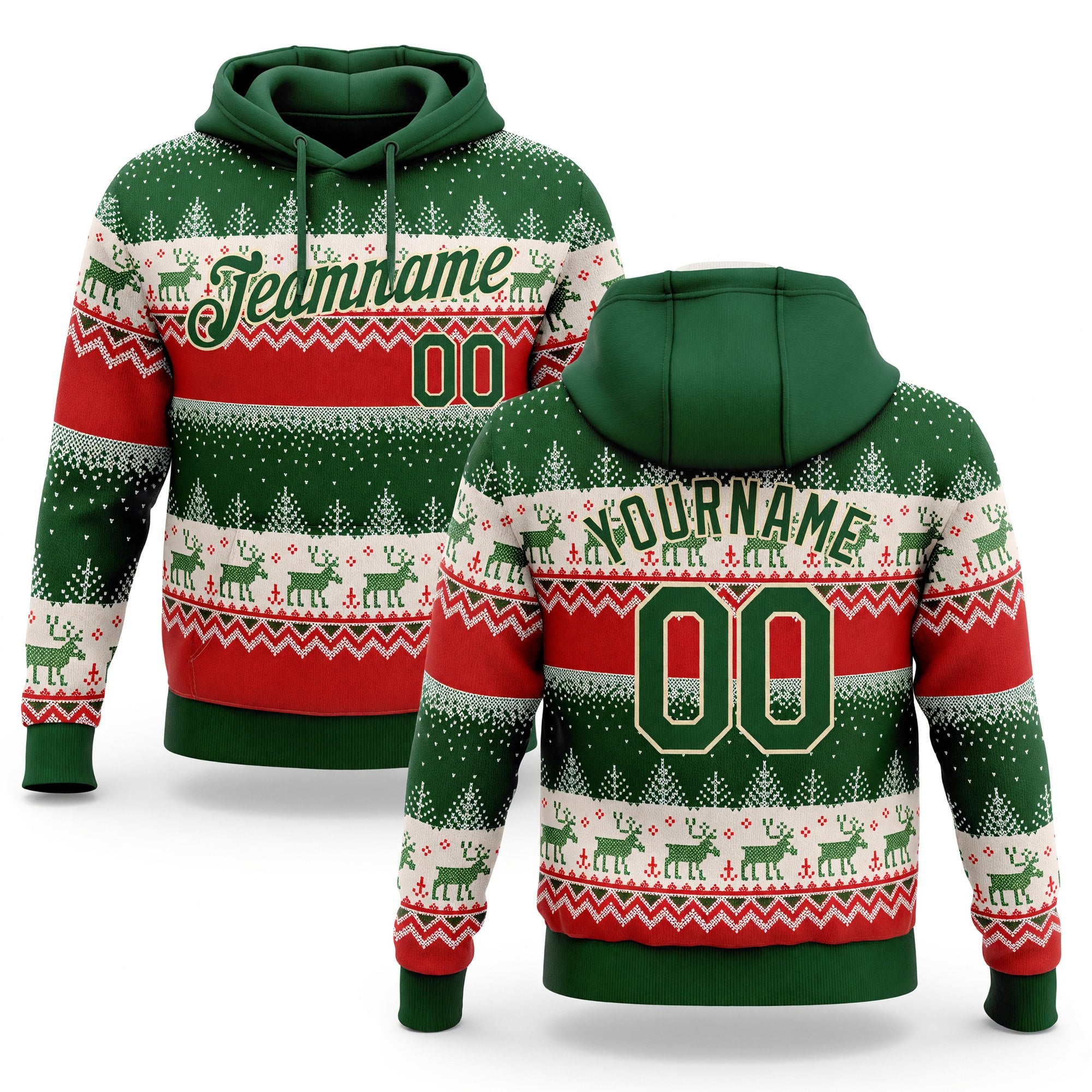 Custom Stitched Red Green-Cream 3D Christmas Reindeers Sports Pullover Sweatshirt Hoodie