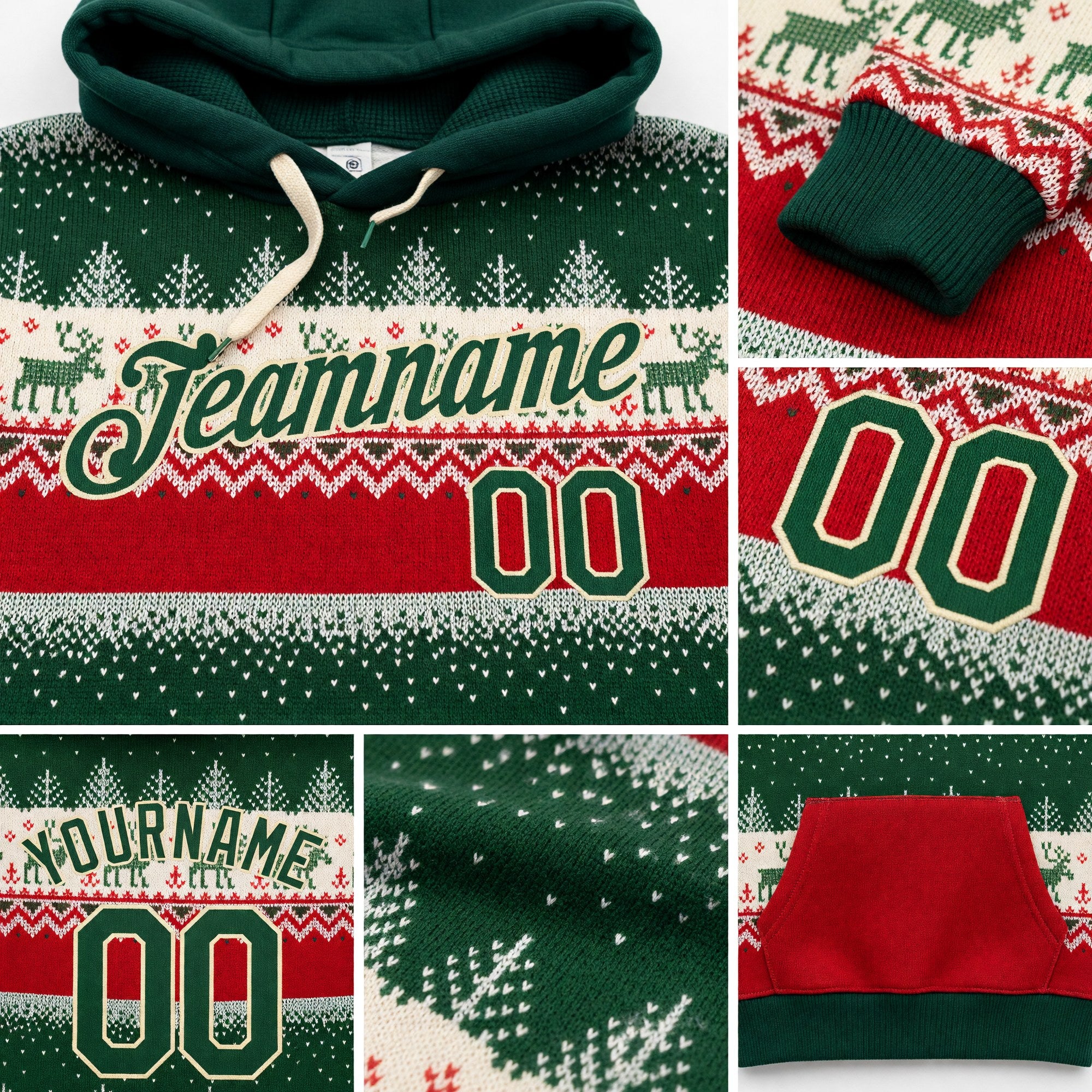 Custom Stitched Red Green-Cream 3D Christmas Reindeers Sports Pullover Sweatshirt Hoodie detail
