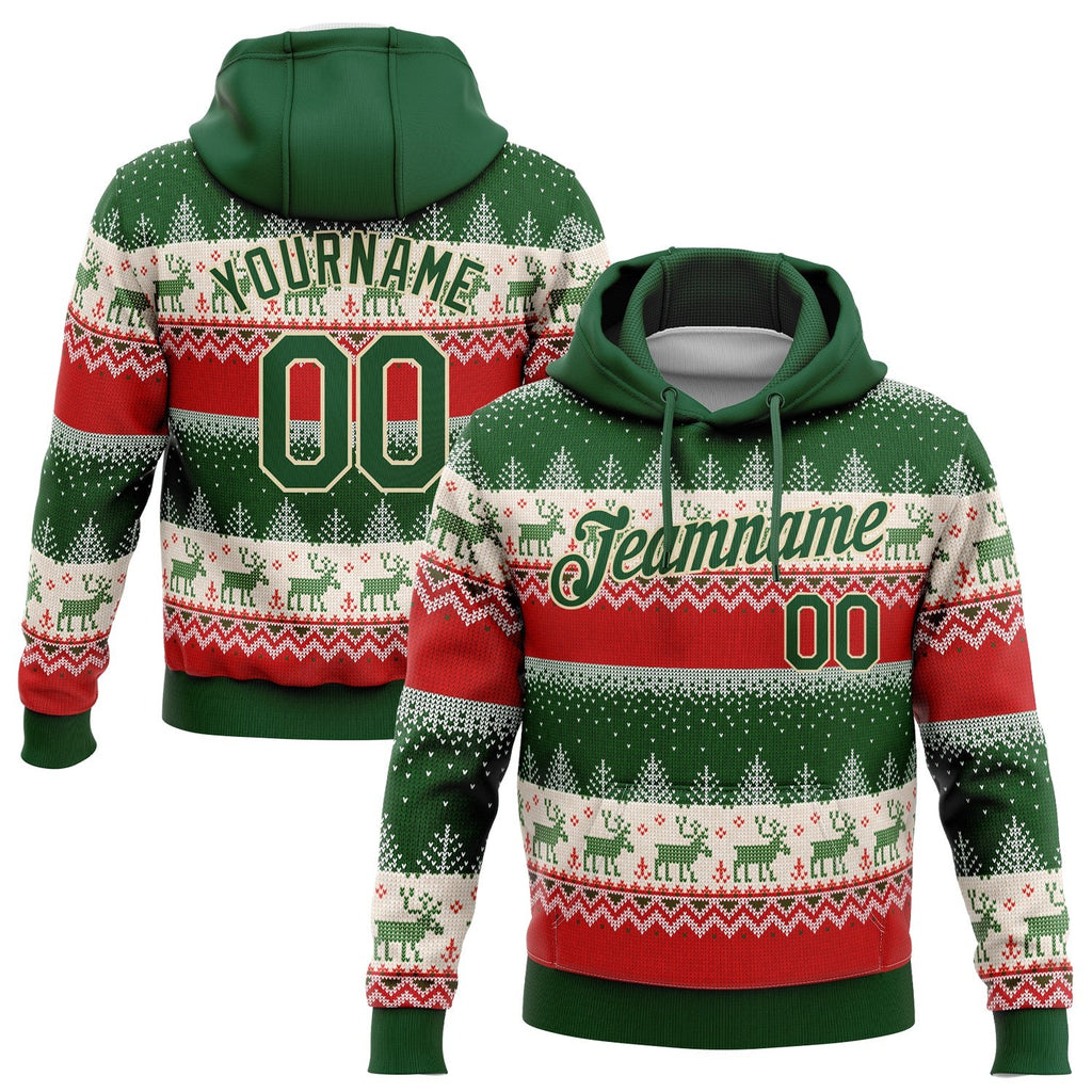 Custom Stitched Red Green-Cream 3D Christmas Reindeers Sports Pullover Sweatshirt Hoodie photo 1