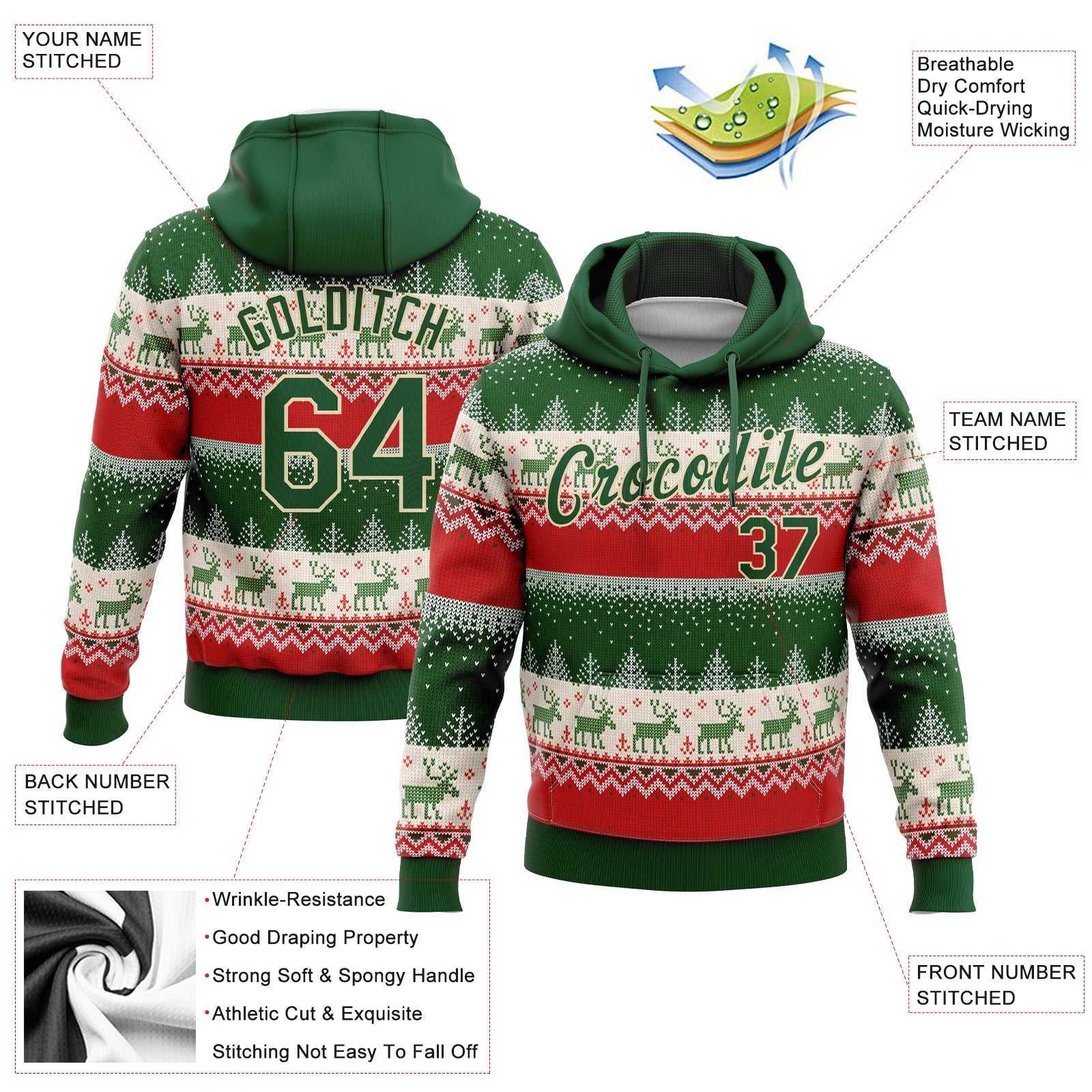 Custom Stitched Red Green-Cream 3D Christmas Reindeers Sports Pullover Sweatshirt Hoodie photo 2