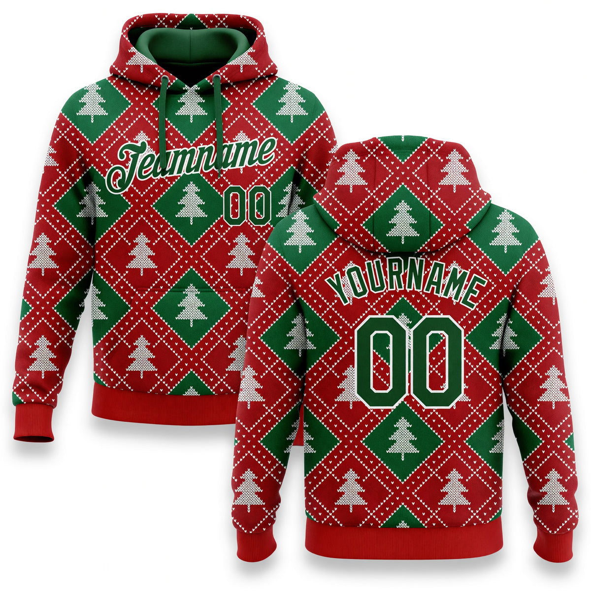 Custom Stitched Red Green-White 3D Christmas Trees Sports Pullover Sweatshirt Hoodie