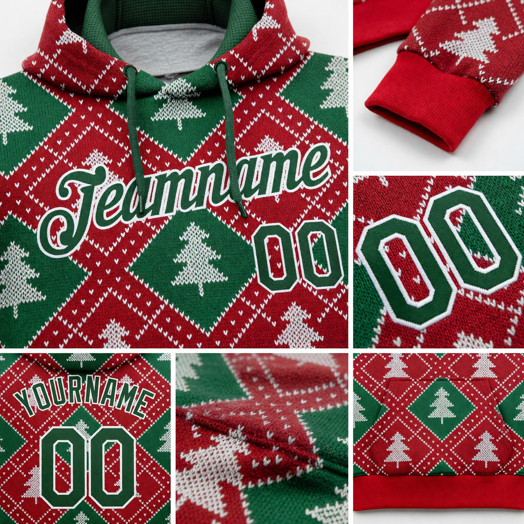 Custom Stitched Red Green-White 3D Christmas Trees Sports Pullover Sweatshirt Hoodie detail