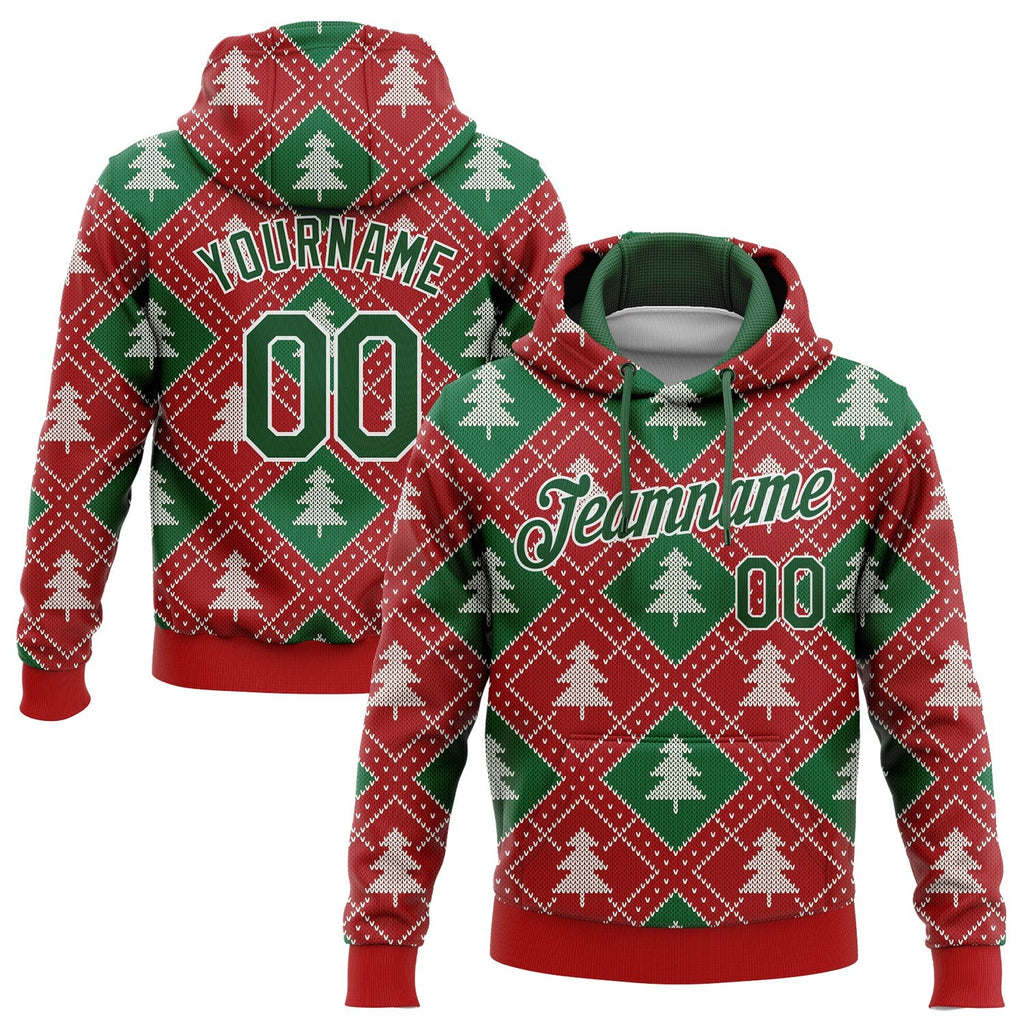 Custom Stitched Red Green-White 3D Christmas Trees Sports Pullover Sweatshirt Hoodie photo 1