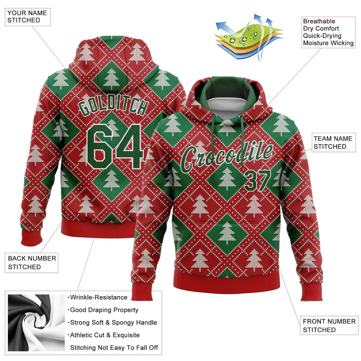 Custom Stitched Red Green-White 3D Christmas Trees Sports Pullover Sweatshirt Hoodie photo 2