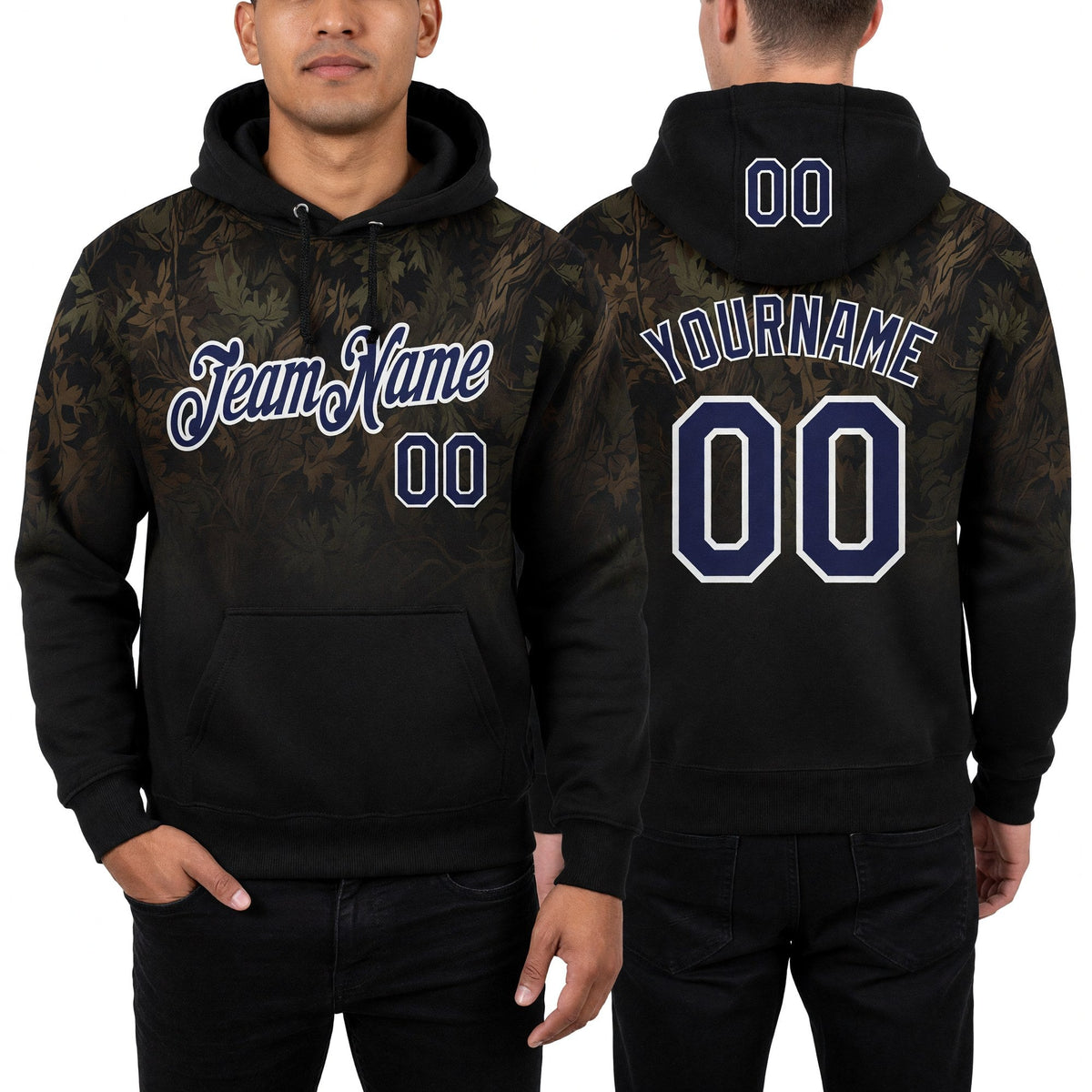 Custom Stitched Black Navy-White 3D Pattern Design Tree Camo Hunting Sports Pullover Sweatshirt Hoodie worn front and back